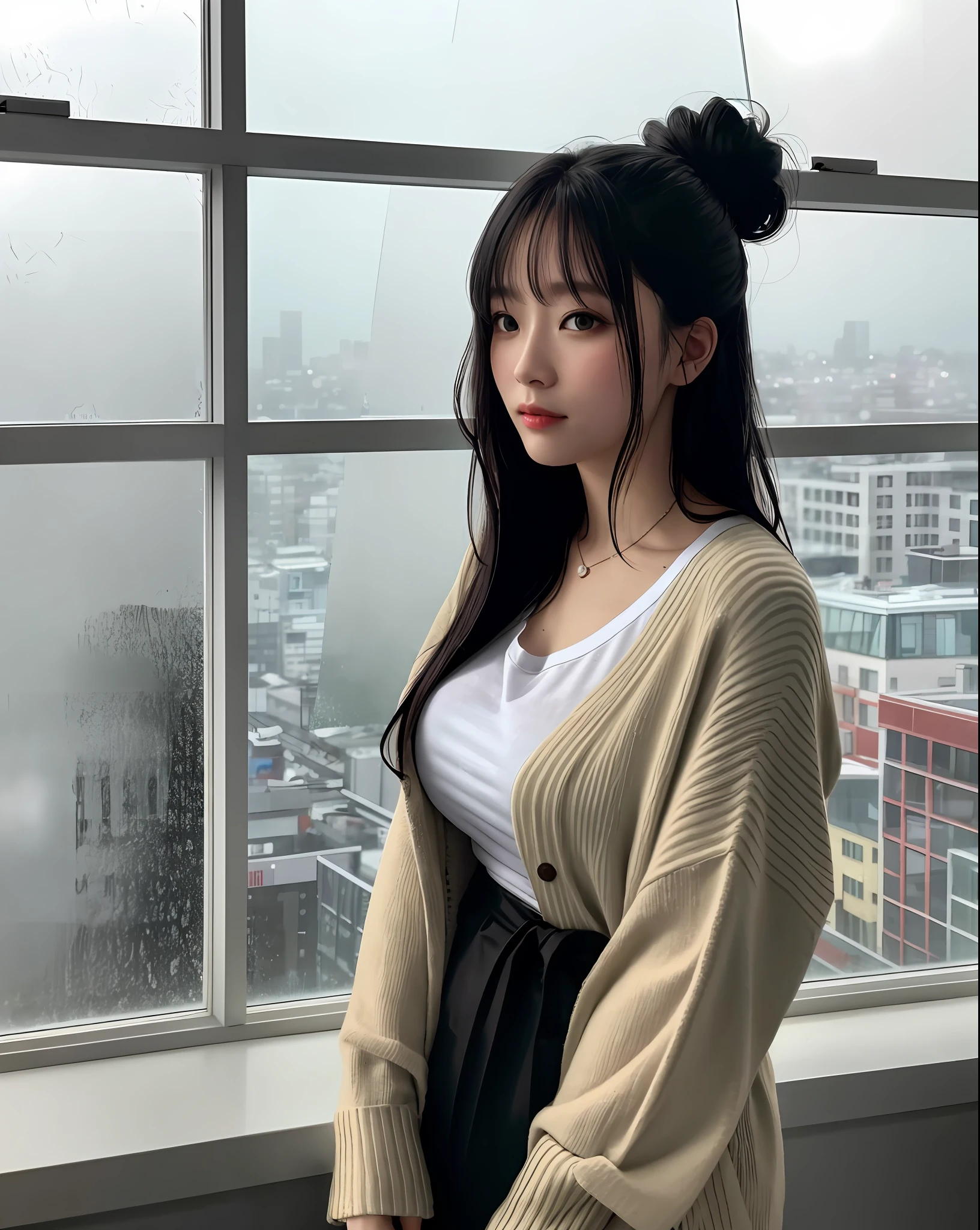 8k portrait of adult female, glancing at the window, warm lighting, futuristic city, reflections, award-winning, Fujifilm XT6, analog, huge window, with rainy evening outside, rainy ,
after sunset, natural beauty, natural makeup, masterpiece, finely detail, waist up, aegyo sal, detailed oversized cardigan, white t-shirt, hairbun, messy hair, with dark rainy outside, ( rainy :1.2), (foggy windows:1.2),
twilight hour, (nighttime:1.4), rainy , after sunset,