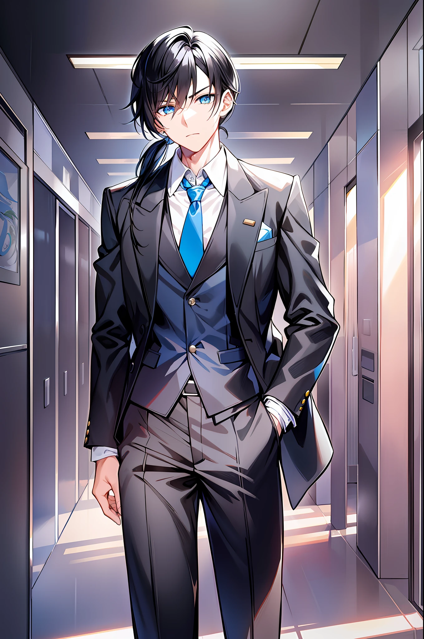 male, man, serious, black hair, straight hair, low ponytail, light blue eyes, black coat, white button up shirt, blue tie, black pants, cowboy shot, masterpiece,