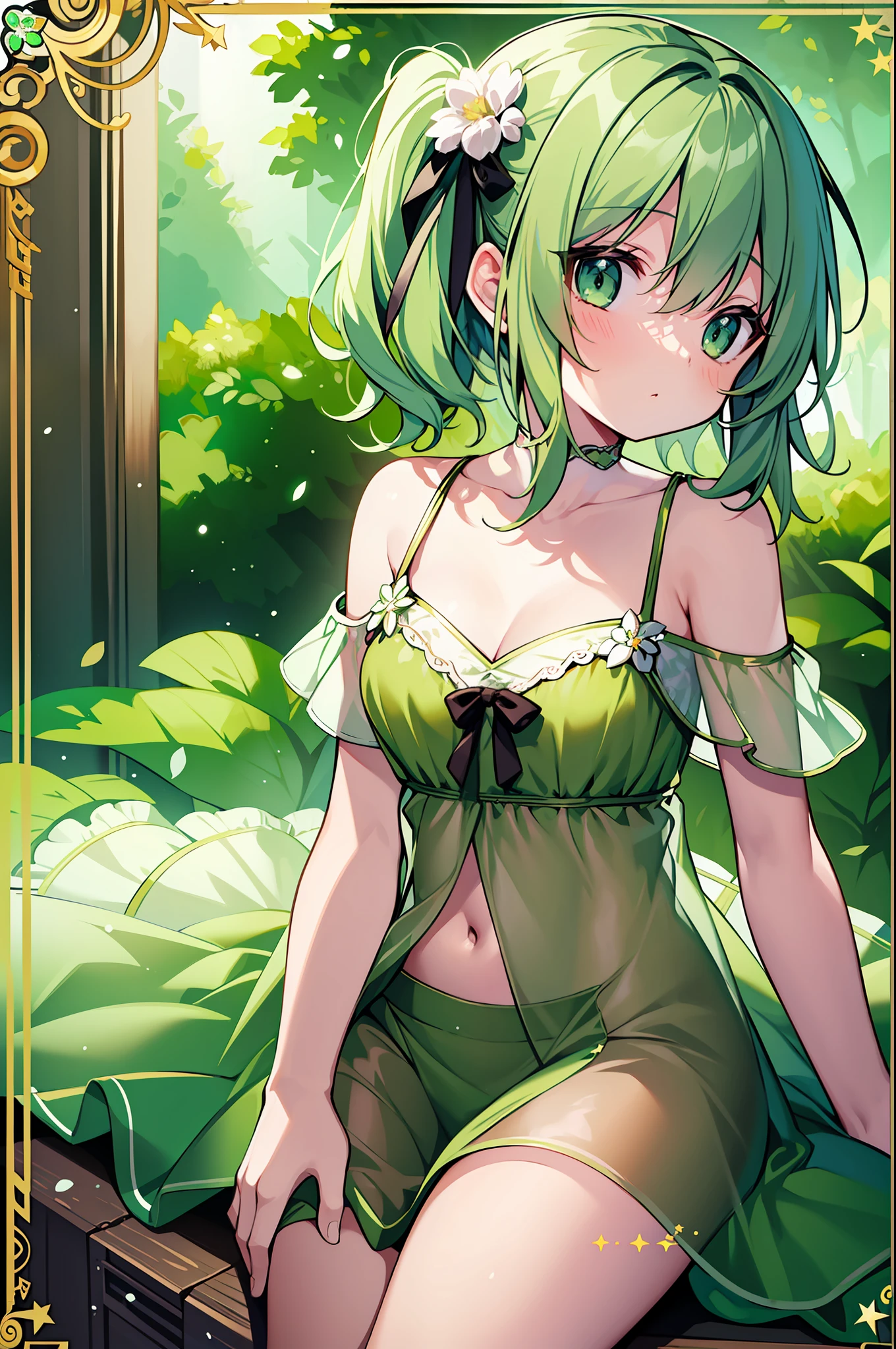 (MASTERPIECE), (Best Quality), (Super Detail), Official Art, One Girl, Lori with Pale Green Hair, Petite Little Girl, Loli, Green and White See-Through Dress, Sleeveless, Off Shoulder, Small, Very Small, Small, Cleavage, Thigh Focus, Navel, Card Illustration, Wind