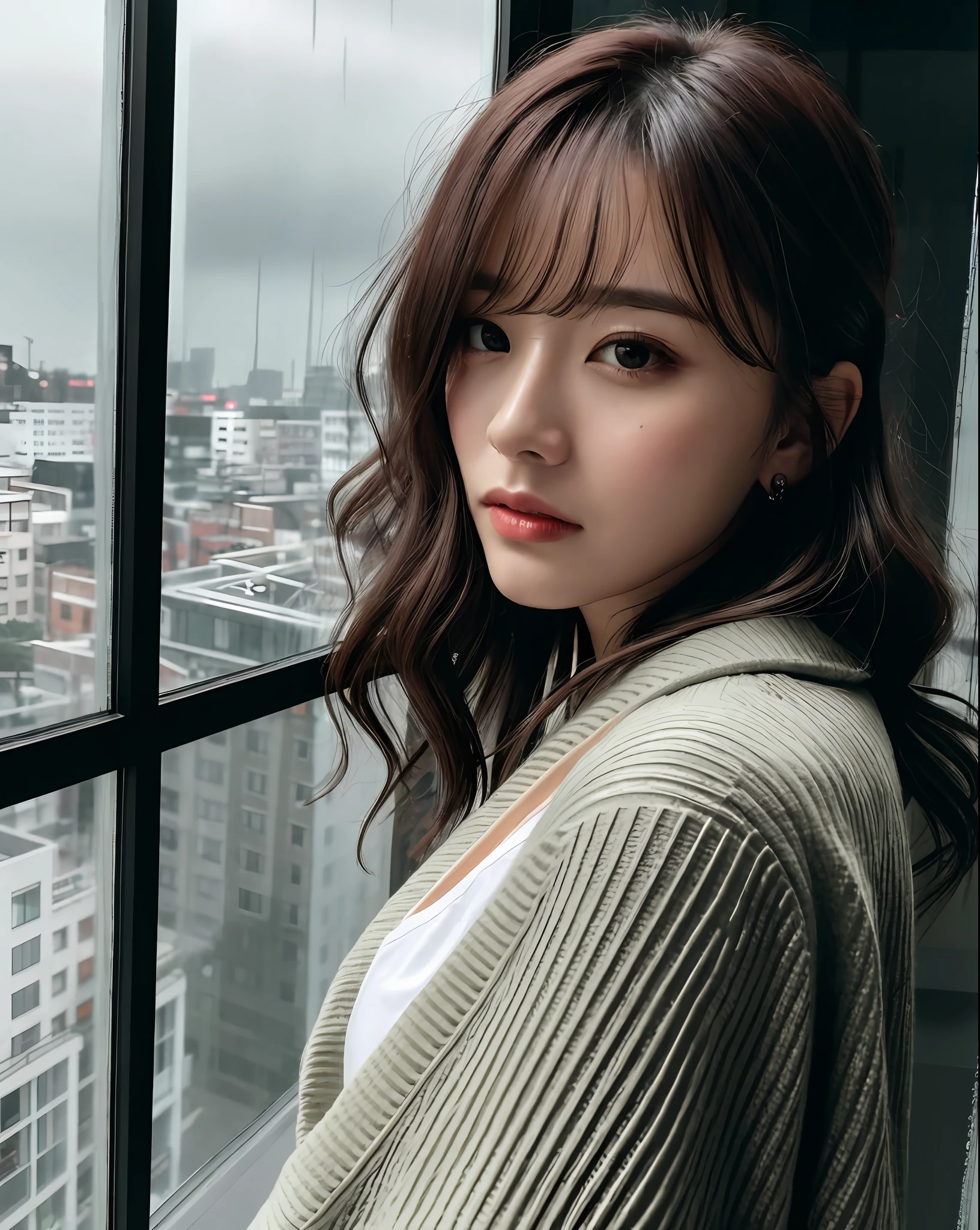 8k portrait of adult female, glancing at the window, warm lighting, futuristic city, reflections, award-winning, Fujifilm XT6, analog, huge window, with rainy evening outside, rainy ,
after sunset, natural beauty, natural makeup, masterpiece, finely detail, waist up, aegyo sal, detailed oversized cardigan, white t-shirt, hairbun, messy hair, with dark rainy outside, ( rainy :1.2), (foggy windows:1.2),
twilight hour, (nighttime:1.4), rainy , after sunset,