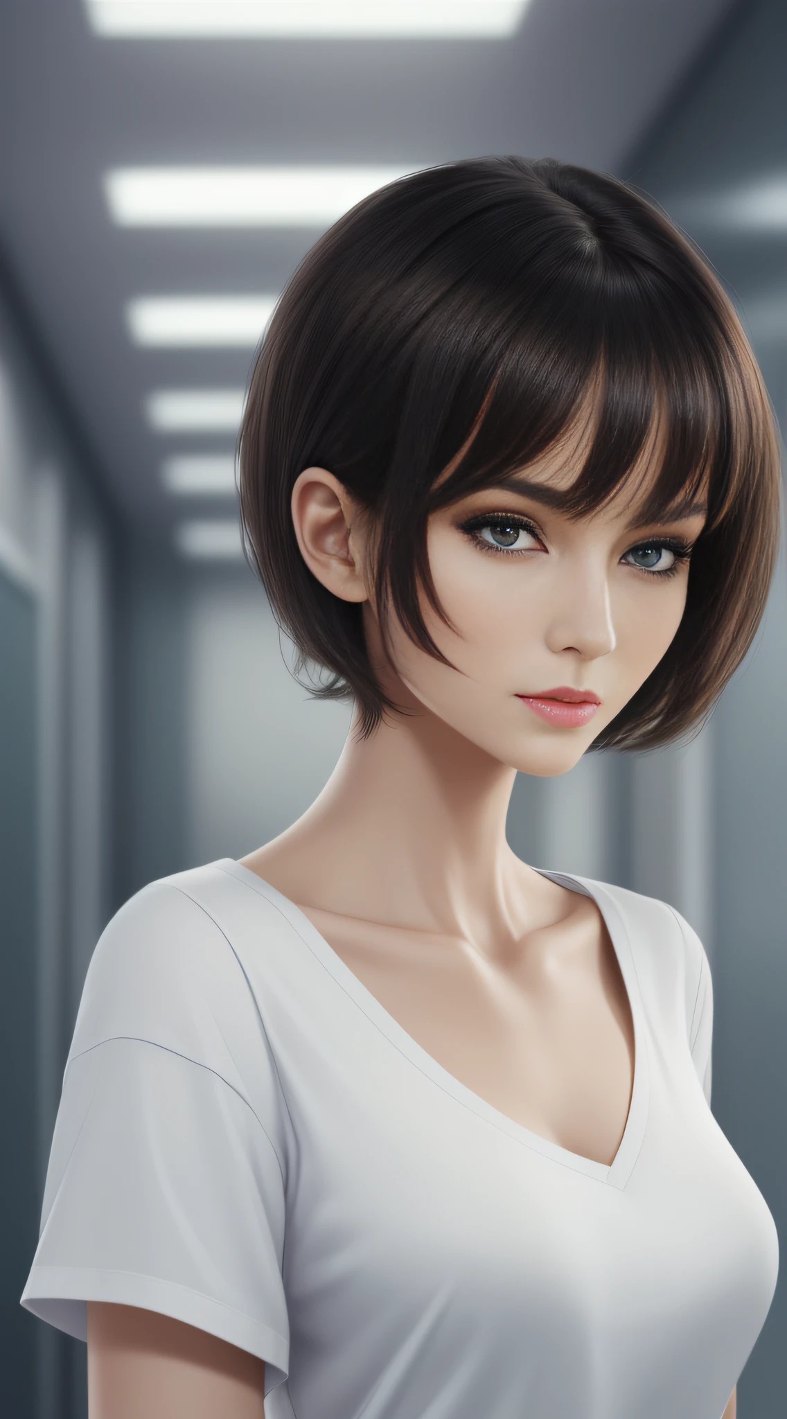 (slim body, highly detailed face, best quality: 1.2), a beautiful woman, woman looking sick, pale face, look at the viewer, (hospital clothes), (short hair, disheveled hair, black hair),