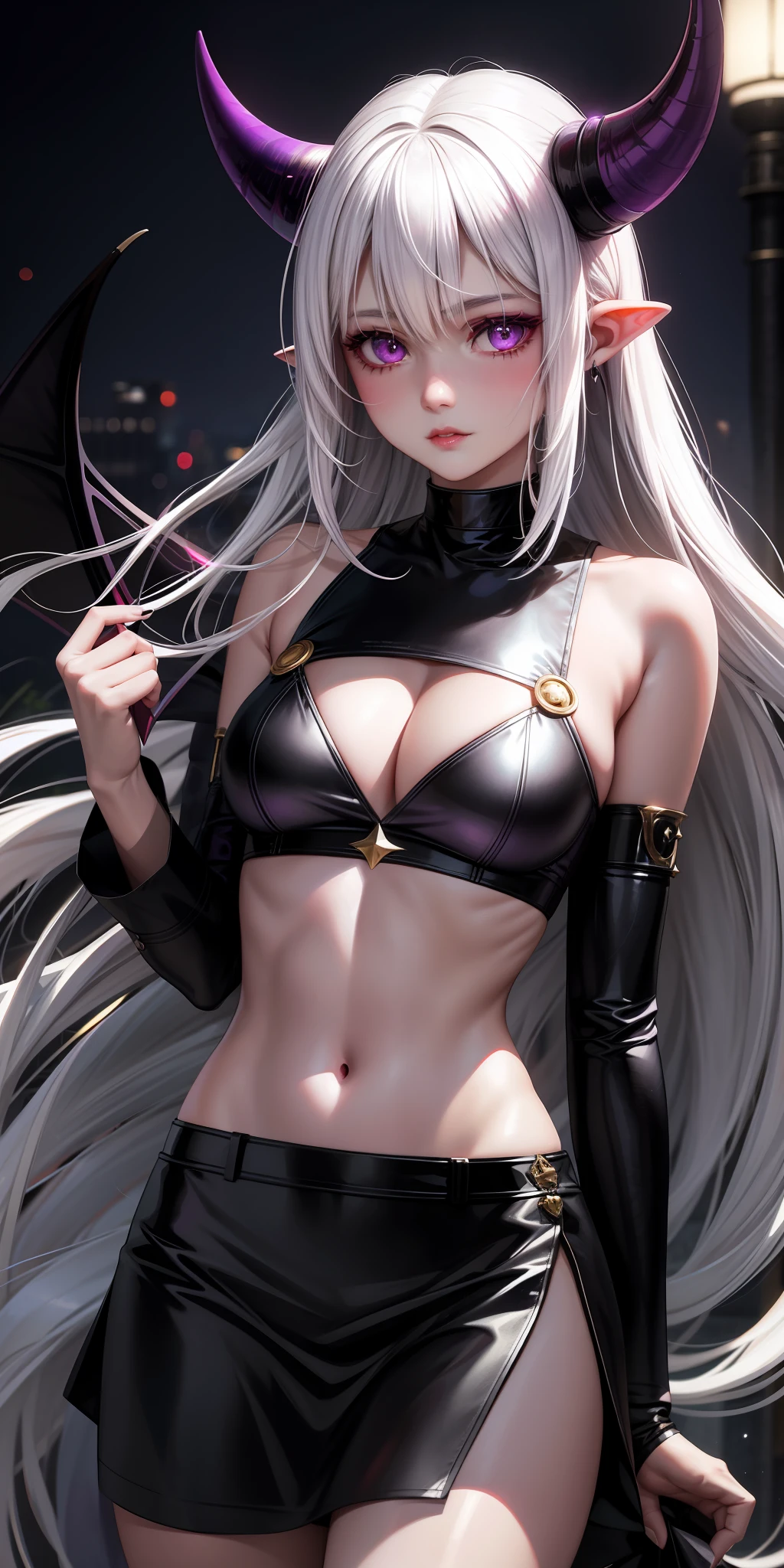 Realistic, 1girl, demon horn, white hair, purple eyes, glowing eyes, cropped top, skirt, parted lips, blush