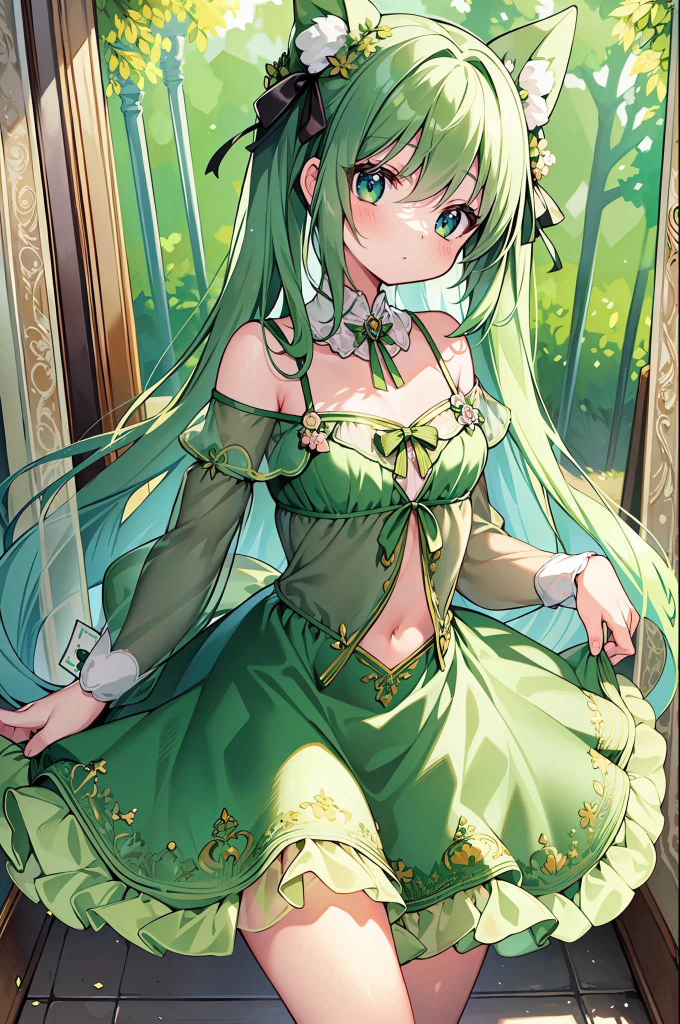 (MASTERPIECE), (Best Quality), (Super Detail), Official Art, One Girl, Lori with Pale Green Hair, Petite  Girl, Loli, Green and White See-Through Dress, Sleeveless, Off Shoulder, Small, Very Small, Small, Cleavage, Thigh Focus, Navel, Card Illustration, Wind