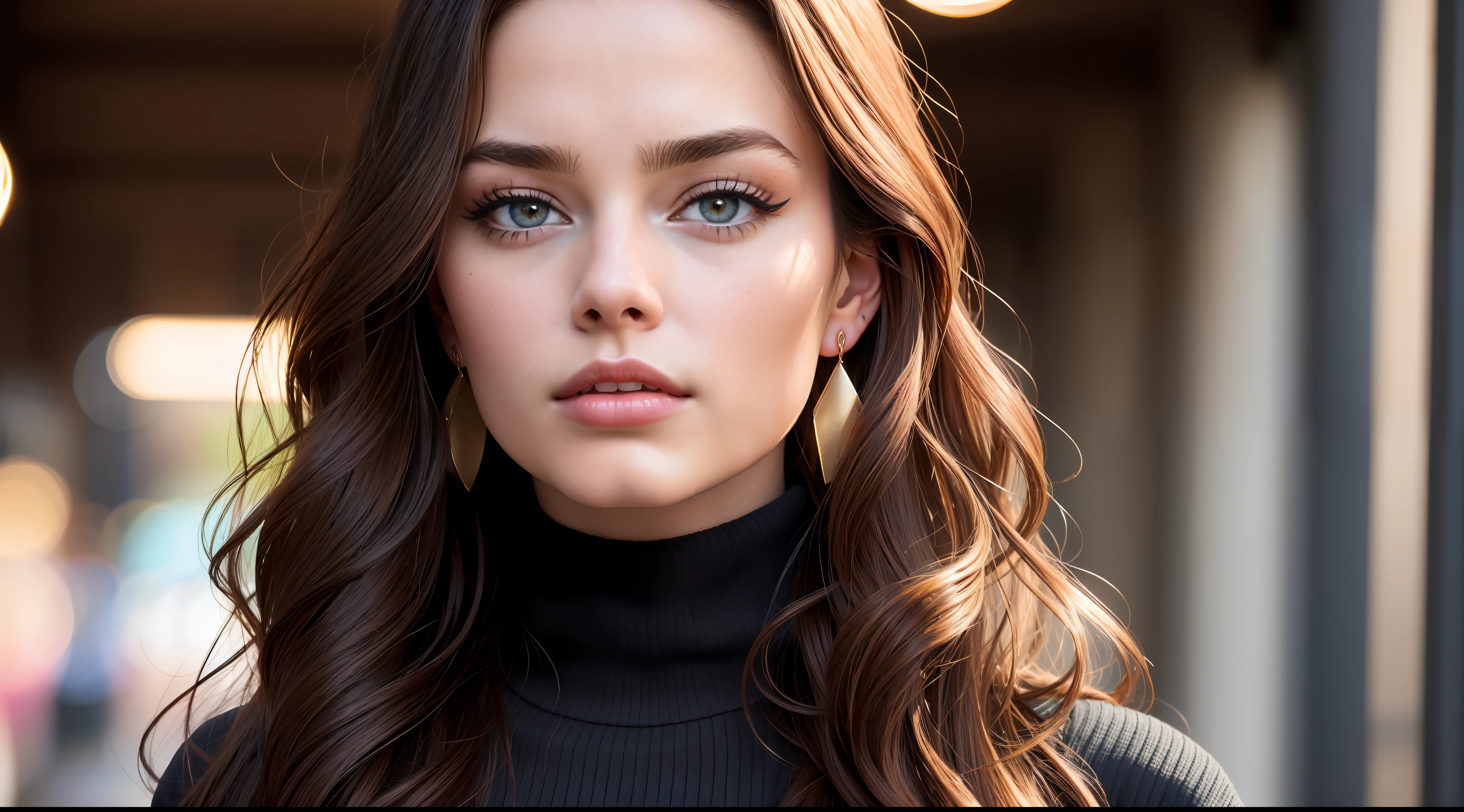 Margot Robbie at 23 years old(, incredibly absurd long brown hair, ultra-detailed, CG, unit, 8k wallpaper), (masterpiece), (realistic), (photorealistic: 1.2), (raw photo: 1.2), (best quality: 1.2), (detailed face: 1.4), (beautiful detailed eyes: 1.2), (detailed hair), light on face, huge file size, cinematic lighting, 1 girl, sexy, nsfw, eyeliner, kawaii, student, long hair, brown hair, ((wavy hair)), hair ornament, ((light blush)), ((soft under the eyes)), ((expressionless eyes)), blue eyes, ((large breasts)), fashi-g, red lips, makeup, shirtlift, ((black sweater dress)), black knees, high heels, jewelry, earrings, necklace, looking at the viewer, depth of field,