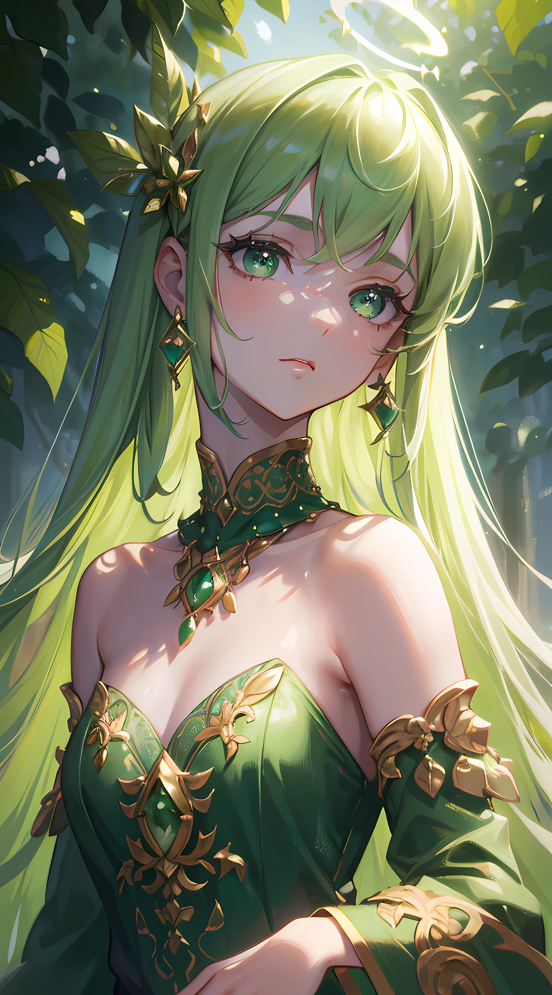 Masterpiece, Superb Painting, Cangling Green, Platinum Earrings, Platinum Necklace, Green Dress, 1girl, Cute, (Dynamic Light: 1.2), Cinematic Light, Delicate Facial Features, Detailed Eyes, Sharp Pupils, Realistic Pupils, Depth of Field, Background Bokeh, Clear Focus, (Ultra Detail, Halo, Glow: 1.4), Many with small gems, plants
