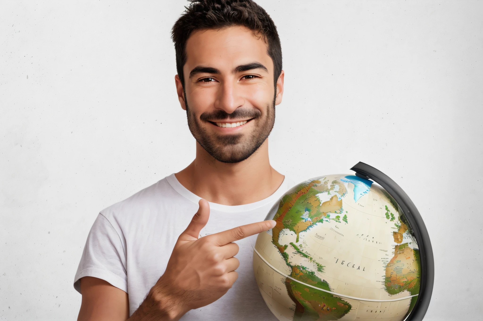 arafed man pointing at a globe with a finger on it, is holding a tiny planet earth, with earth, holding a planet, beginner, holding a miniature earth, cool looking, tourist destination, with earth in the background, attractive and good looking, attractive man, large globe, holding the earth, young spanish man, good looking face, around the world