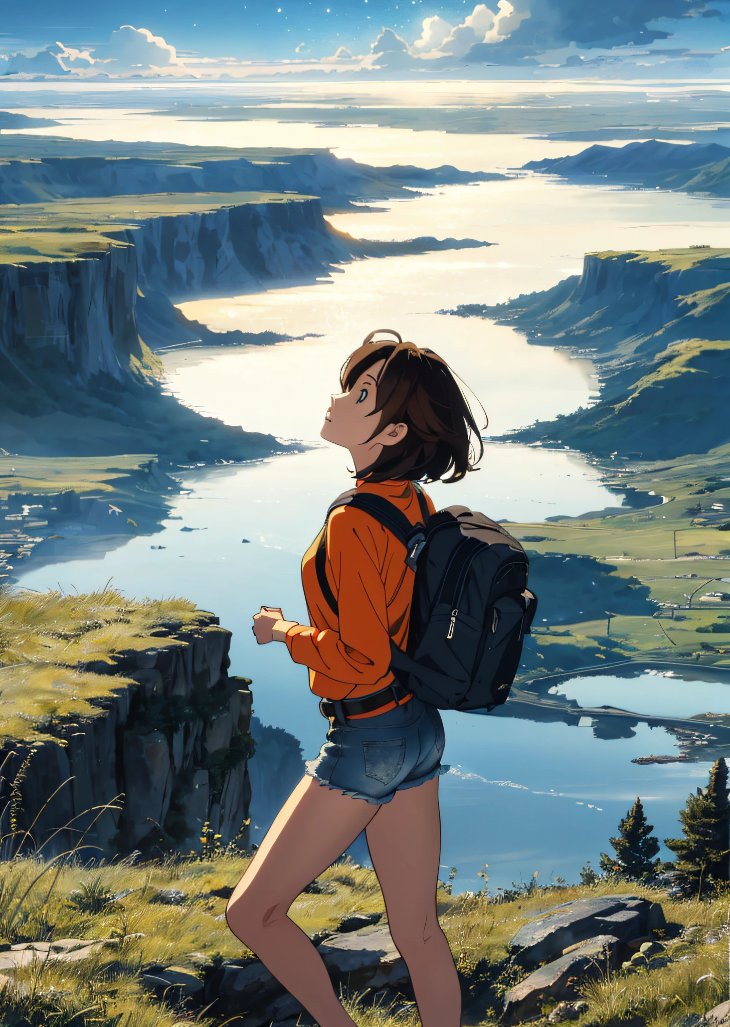 Your name is a movie, (beautiful and magnificent skyline, majestic sky), (very tense dramatic pictures, moving visual effects), (Polaris hanging high, colorful natural light), (1 girl), (carrying a long-sleeved top, denim shorts, backpack), (dynamic pose: 1.3, black eyes, black princess-cut hair, shining girl) [:0.8], (wide prairie), ( Approaching Breeze), (Brown Hair and Background Adjustment Effects: 1.2), (Close Shot, Long Shot Mix and Match) [::0.9]