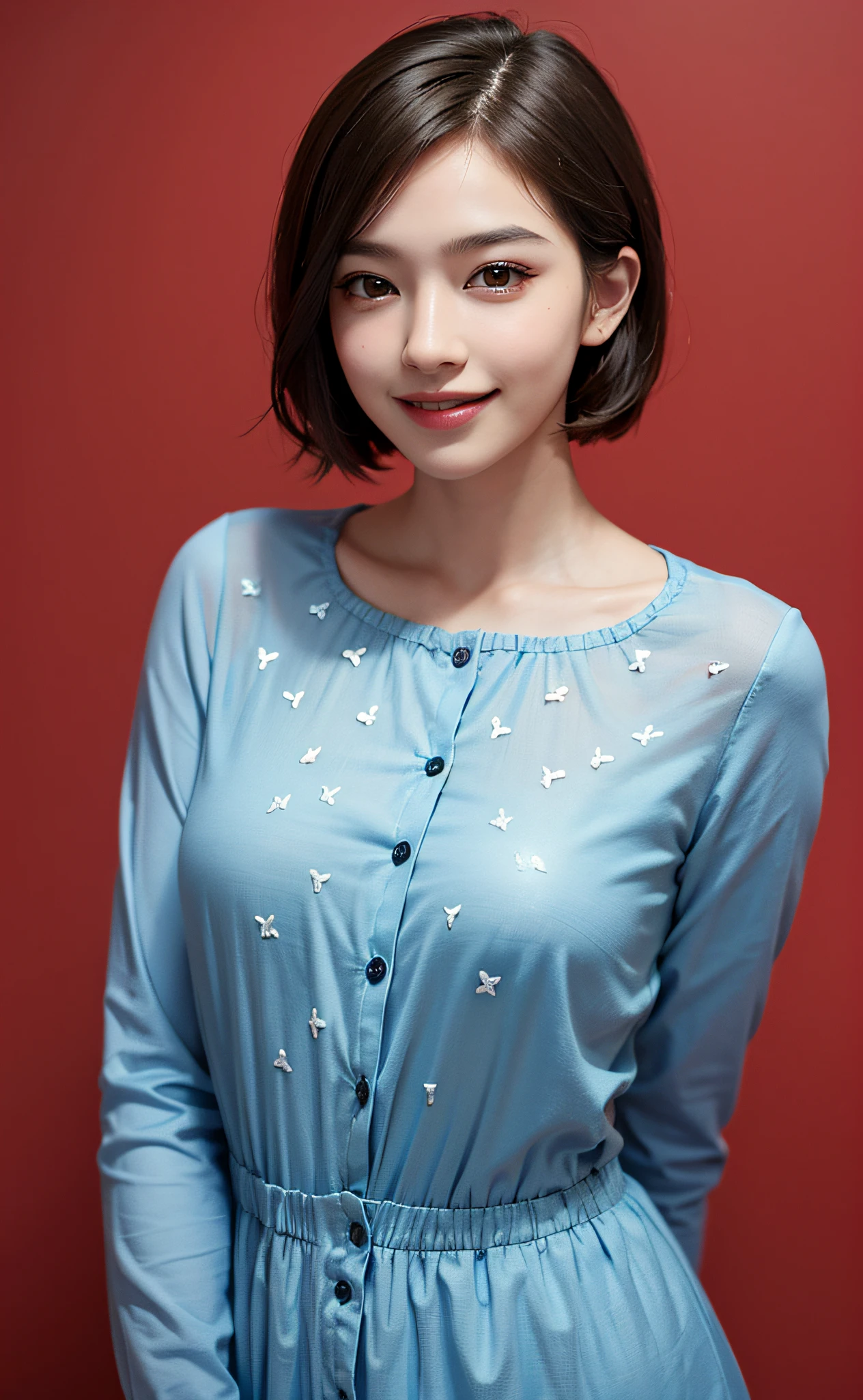 (4k, top quality, masterpiece: 1.2), (realistic, photorealistic: 1.37), super detailed, beauty, cute, solo, standing, (smile: 1.15), (closed mouth) small, fine beautiful eyes, patterned shirt, (short hair: 1.2), floating hair NovaFrogStyle, transparent background, no shadows required, upper body only, smile, slanting face