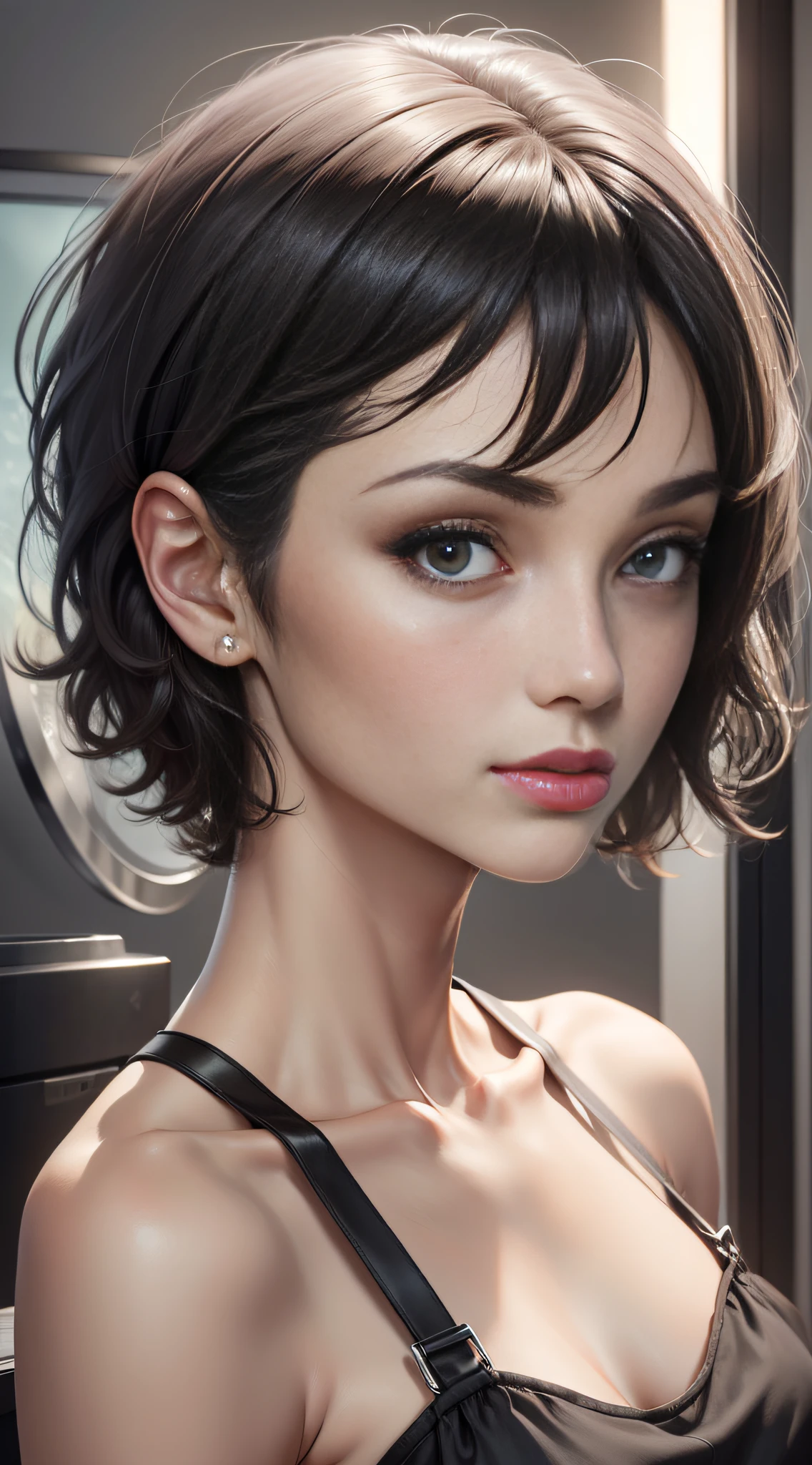 (slim body, highly detailed face, best quality: 1.2), a beautiful woman, woman looking sick, pale face, look at the viewer, (hospital clothes), (short hair, disheveled hair, black hair),