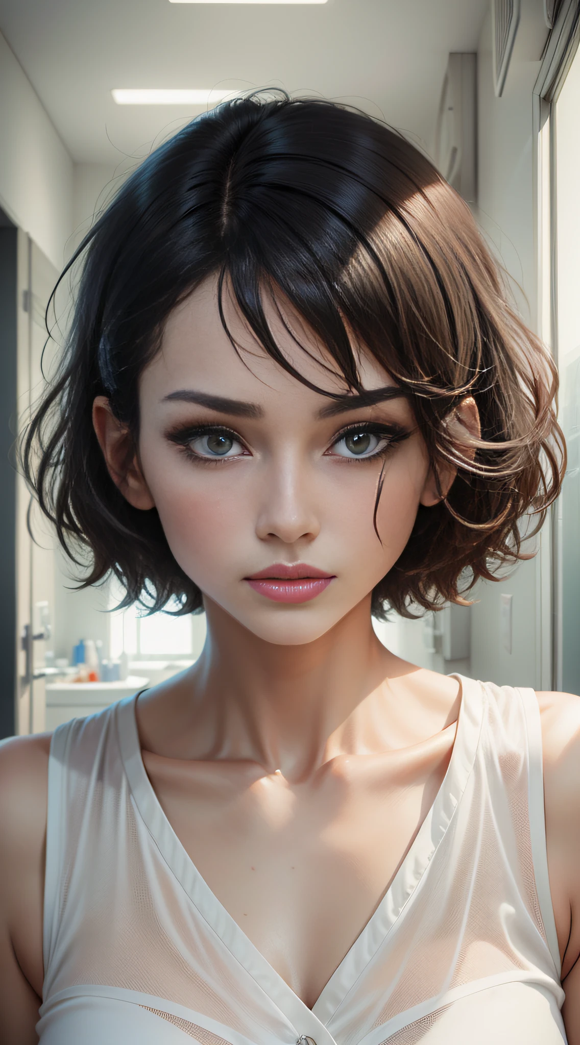 (slim body, highly detailed face, best quality: 1.2), a beautiful woman, woman looking sick, pale face, look at the viewer, (hospital clothes), (short hair, disheveled hair, black hair),