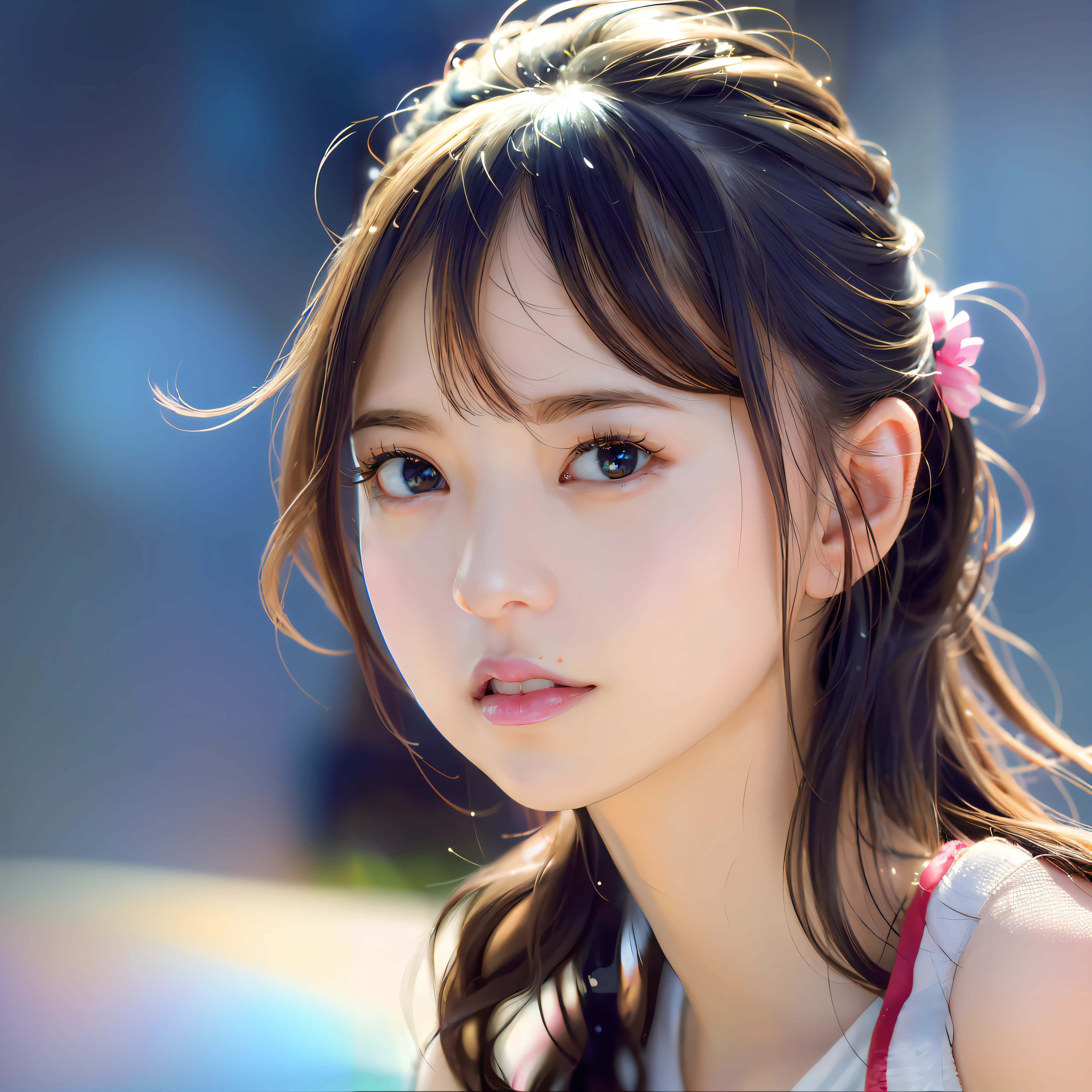 a close up of a woman with long hair and a flower in her hair, kawaii realistic portrait, smooth anime cg art, beautiful anime portrait, stunning anime face portrait, detailed portrait of anime girl, [ 4 k digital art ]!!, made with anime painter studio, photorealistic anime, realistic cute girl painting, realistic anime artstyle, photorealistic anime girl render
