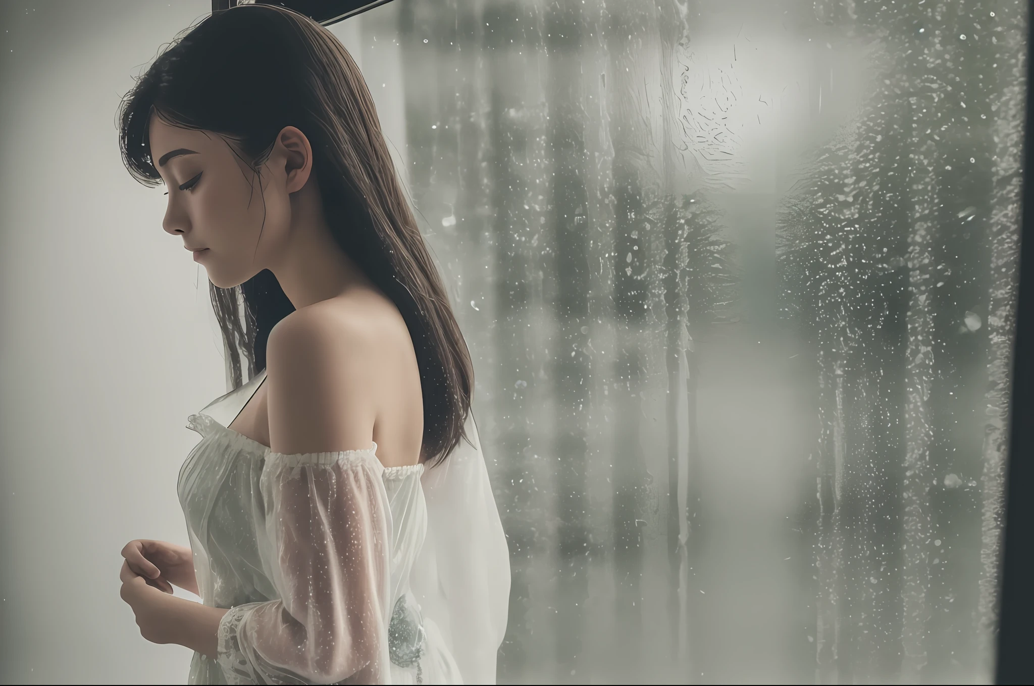 (RAW photo, best quality),(realistic, photo-realistic:1.3),extremely delicate and beautiful,Amazing,finely detail,masterpiece,ultra-detailed,highres,(best illustration),(best shadow),intricate,
1 japanese girl,wearing see through sleeper,off shoulders,silhouette,profile,from back,long hair,relax and enjoy a time of peace and tranquility,with rainy outside,
raining,
with rainy outside, (foggy rainy :1.2), (foggy windows:1.2),
open clothes,
sharp focus,8k UHD,DSLR,high quality,(film grain:1.4),Fujifilm XT3,(cool and warm tone impression:1.4),