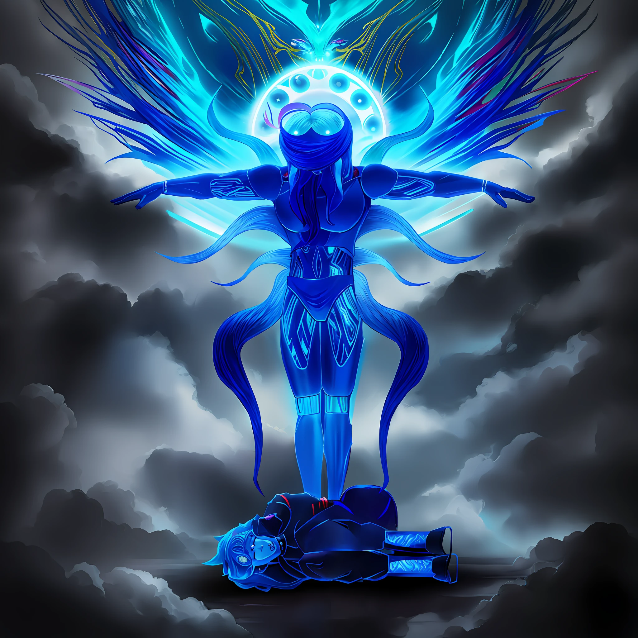 anime character with blue hair and a red head laying on the ground, cybernetic demon dreaming, dark goddess with six arms, my sleep paralysis demon, an exhausted deity, depraved cybernetic demon, sleep paralysis monster, summoning an eldritch god, sleep paralysis demon, intertwined full body view, colorful muscular eldritch