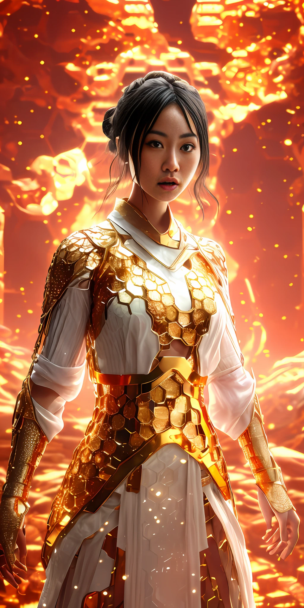 1 Japanese girl in full honeycomb dress, gigantic breasts with perfect body: 1.4, Slim abdomen: 1.3 , Moonlight highlights your muscles and scars. The scenery is lush and mysterious, with futuristic tech and surroundings. The camera details everything, a warrior woman, (gold honeycomb texture skin:1.5), gold honeycomb texture full body breastplate, This official art Unreal 8k wallpaper is a super detailed, beautiful and aesthetic masterpiece, the best quality, beautiful face, lotus