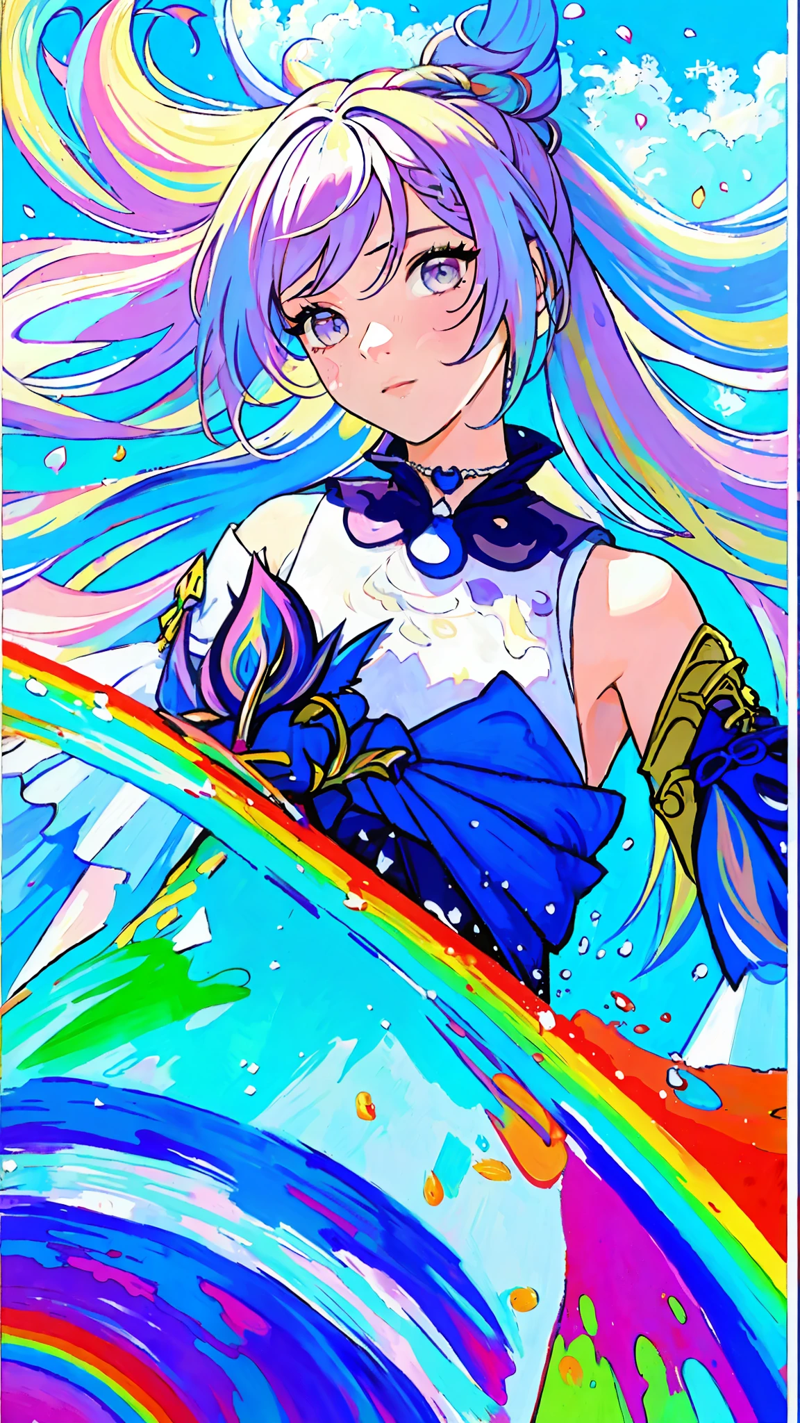 (Pink Fashion T-shirt:1.9),(Colorful hair: 1.8), (all the colours of the rainbow: 1.8),(((((vertical painting:1.6))), (painting:1.6),front, comics, illustrations, paintings, large eyes, crystal clear eyes,( rainbow color gradient high twintails:1.7), exquisite makeup, closed mouth,(Small Fresh: 1.5),(Wipe Chest: 1.6) ,long eyelashes, white off shoulder T-shirt, White Shoulder Shirt,looking at the audience, large watery eyes, (rainbow colored hair:1.6), color splash, (solo:1.8), color splash, color explosion, thick paint style, messy lines, ((shining)),(colorful), (colorful), (colorful), colorful, Thick Paint Style, (Splash) (Color Splash), Vertical Painting, Upper Body, Paint Splash, Acrylic Pigment, Gradient, Paint, Highest Image Quality, Highest Quality, Masterpiece, Solo, Depth of Field, Face Paint, colorful clothes, (Elegant: 1.2), gorgeous,long hair, wind, (Elegant: 1.3), (Petals: 1.4),(((masterpiece))),(((best quality))),((ultra-detailed)),(illustration),(dynamic angle),((floating)),(paint),((disheveled hair)),(solo),(1girl) , (((detailed anima face))),((beautiful detailed face)),collar,bare shoulders,white hair, ((colorful hair)),((streaked hair)),beautiful detailed eyes,(Gradient color eyes),(((colorful eyes))),(((colorful background))),(((high saturation))),(((surrounded by colorful splashes))),