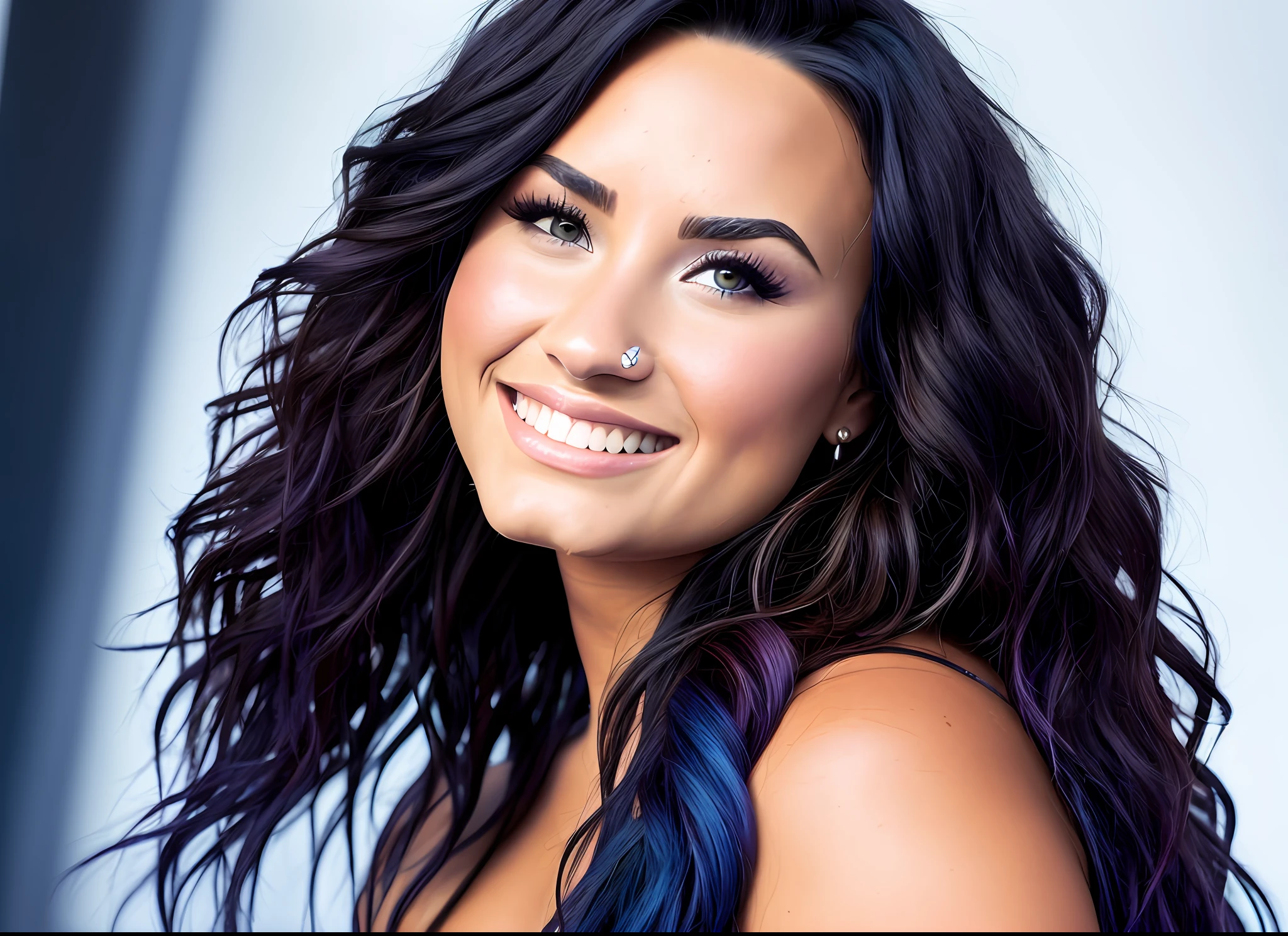 Demi Lovato
close-up photo, complex, detailed, soft lighting, cinematic UDHD, soft natural makeup, full body, blue eyes, natural hair, long hair, smiling, blurred background, laser picture frame