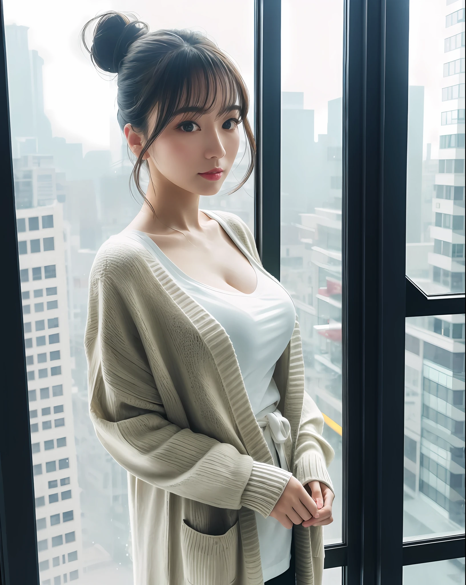 8k portrait of adult female, glancing at the window, warm lighting, futuristic city, reflections, award-winning, Fujifilm XT6, analog, huge window, with dark rainy evening outside, natural beauty, natural makeup, masterpiece, finely detail, waist up, aegyo sal, detailed oversized cardigan, white t-shirt, hairbun, messy hair
