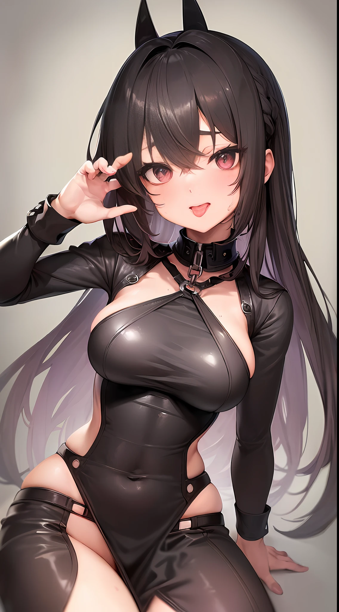 ((highest quality, 8K, masterpiece: 1.3)), Sharp Focus: 1.2, Cute beauty with a perfect figure: 1.4, Slim Big: 1.2, ((Black Casual Hairstyle, Big: 1.2, Big: 1.2)), (Semi-nude, ecstatic look, sexy pose), (created (mainly by women)), very detailed face and skin texture, Fine eyes, double eyelids, (((slave chain, slave collar, harness)), ((wide-eyed, tongue-out,-tongued, crazy, mouth open, screaming, ahe-face, rough breathing, blushing, sweat)),