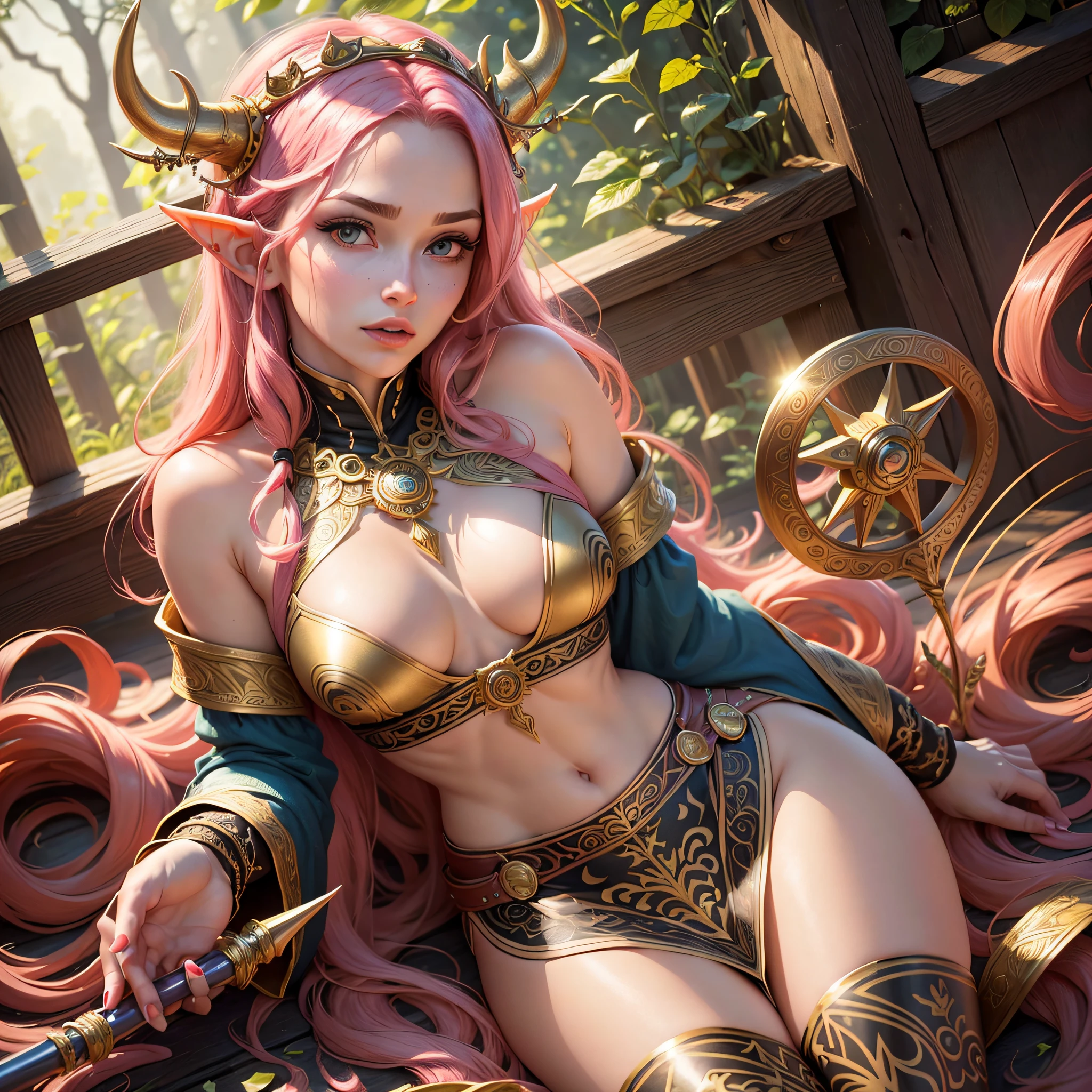 (hyper-realistic), (hight resolution), (8K), (extremely detailed), (best illustration), (beautiful detailed eyes), (best quality), (ultra-detailed), (masterpiece), (wallpaper), (detailed face), (best quality), beautiful and aesthetic, high quality, beautiful, masterpiece, best quality, official art, 8k, 1 girl, symmetrical moose horns, hot pink hair with long gold stirrings at waist height, wavy hair, a fringe, slightly defined abdomen, in high detail, natural red lips, golden yellow eyes, flushed cheeks, medium breasts, elf ears, highly detailed (best quality)), intricate detailed, archer clothes, brown leather boots up to the knee, extremely detailed elf clothes (zentangle, mandala, tangled, tangled: 0.6) --auto --s2