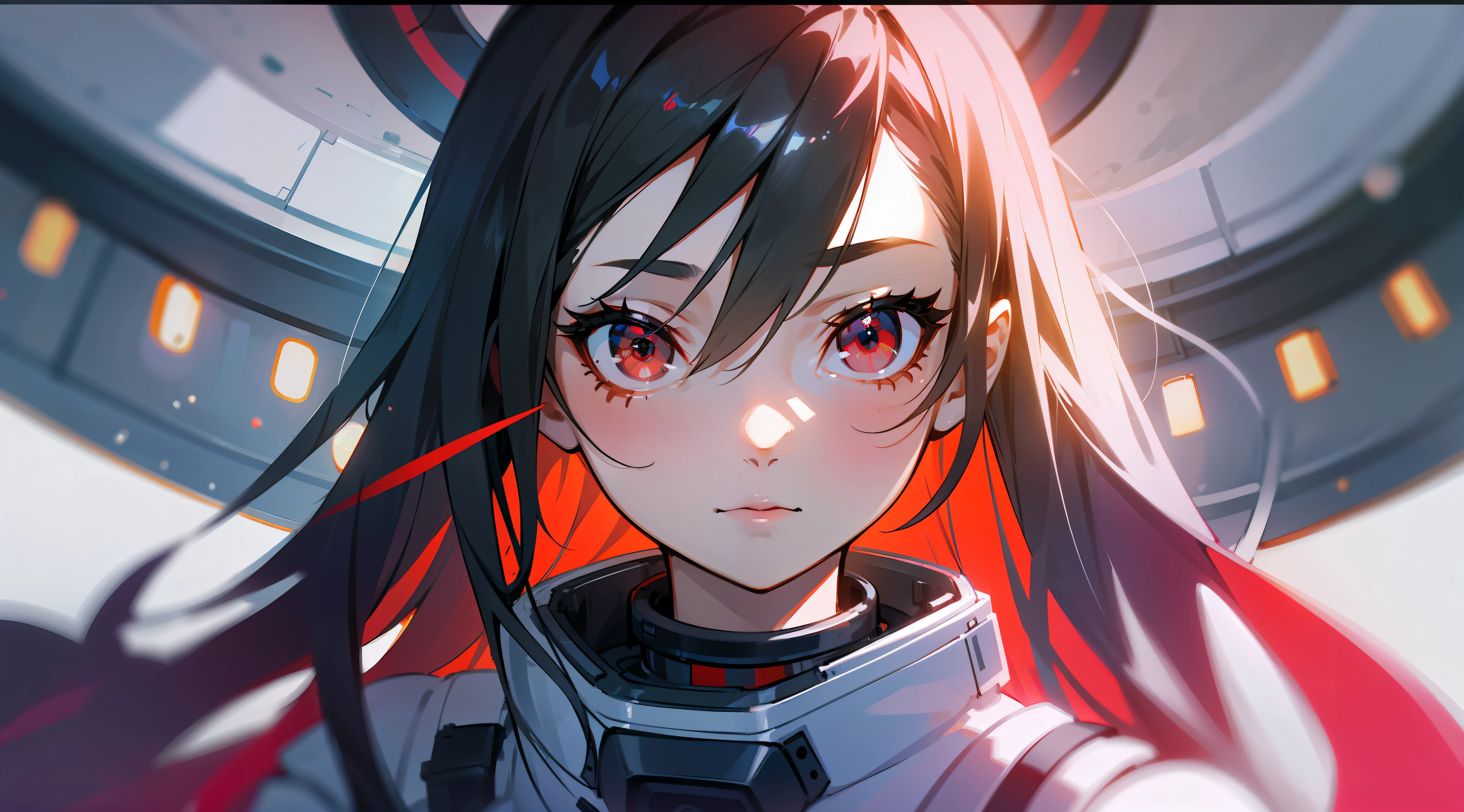 1girl, flat chest, cute, beautiful and detailed eyes, life on the space station, mirror props, shiny hair, visible through hair, hair between the eyes, white monochrome, , Soviet Union, communism, black hair, red eyes, vampires, girl, poor breasts, space suit: blurred foreground, HD, depth of field, bokeh, bust, medium shot, 56mm lens