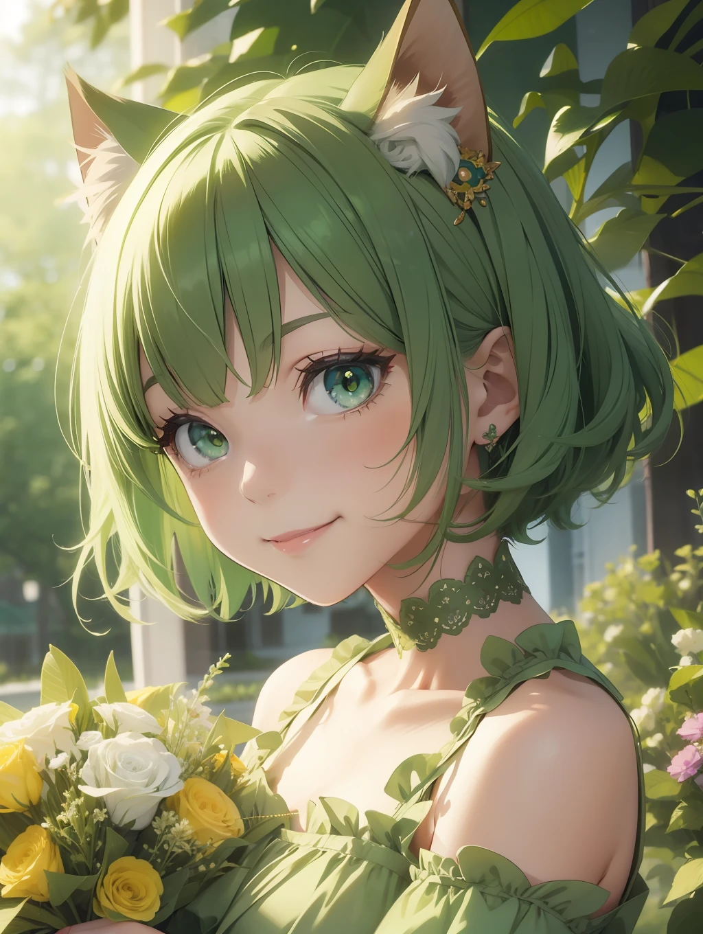masterpice,highquality,catgirl,hold big bouquet,smilling, short green bob hair, green eyes,pastelcolor dress,Vivid colors. High image quality.