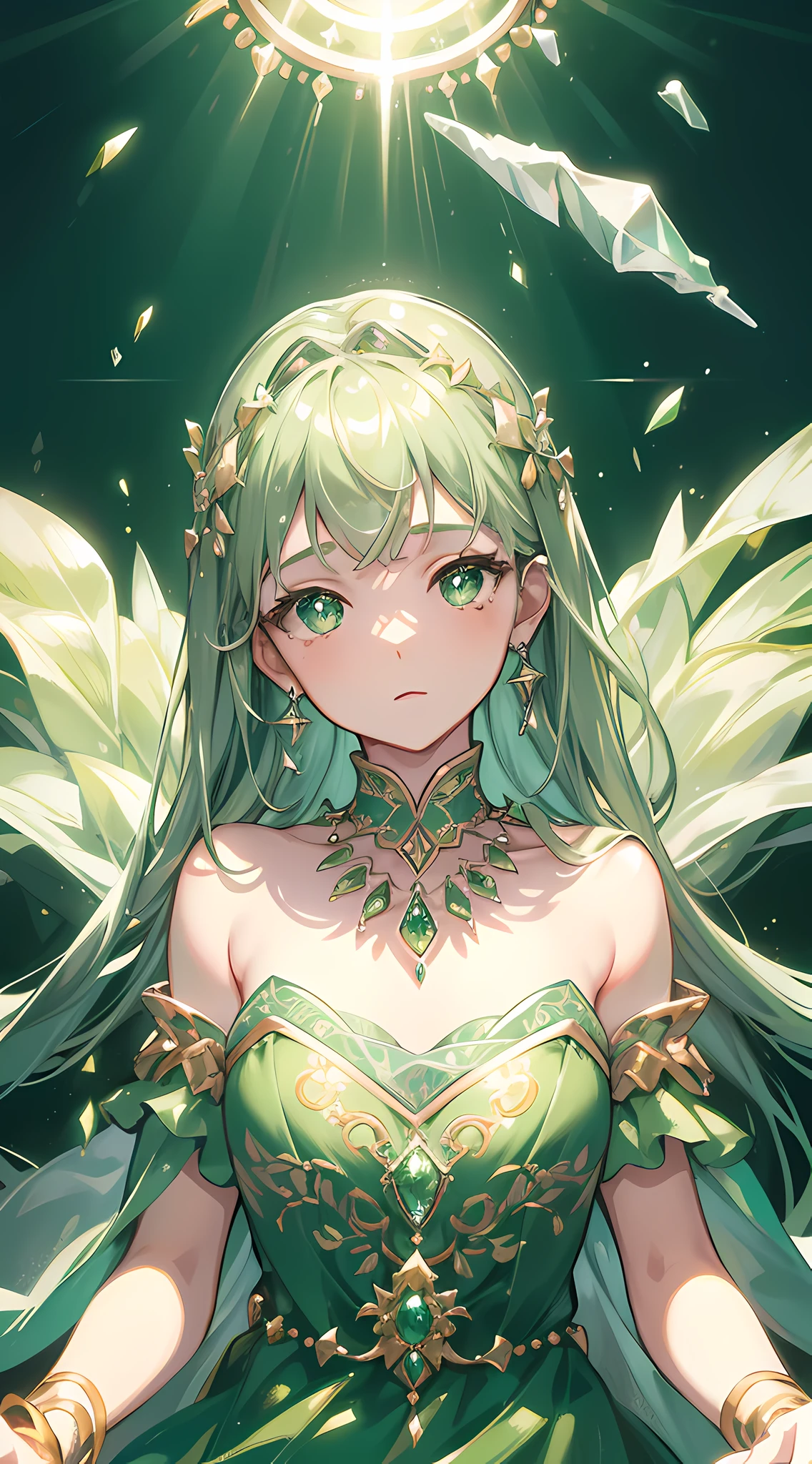 Masterpiece, Superb Painting, Cangling Green, Platinum Earrings, Platinum Necklace, Green Dress, 1girl, Cute, (Dynamic Light: 1.2), Cinematic Light, Delicate Facial Features, Detailed Eyes, Sharp Pupils, Realistic Pupils, Depth of Field, Background Bokeh, Clear Focus, (Ultra Detail, Halo, Glow: 1.4), Many Small Gemstones with Many