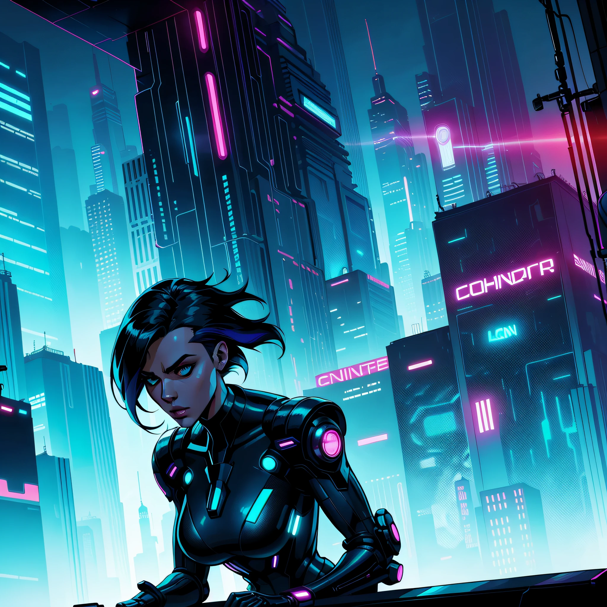 Futuristic Agents Comic Scenario, Distinctive Atmosphere, Futuristic Urban Scenarios, Advanced Technology, Light and Shadow Constraints, Sharp and Angular Strokes, Neon and Cold Color Palettes, Minute Technological Details, Cybernetic Human Figures, Cyberpunk, Sense of Movement and Action, Masterpiece