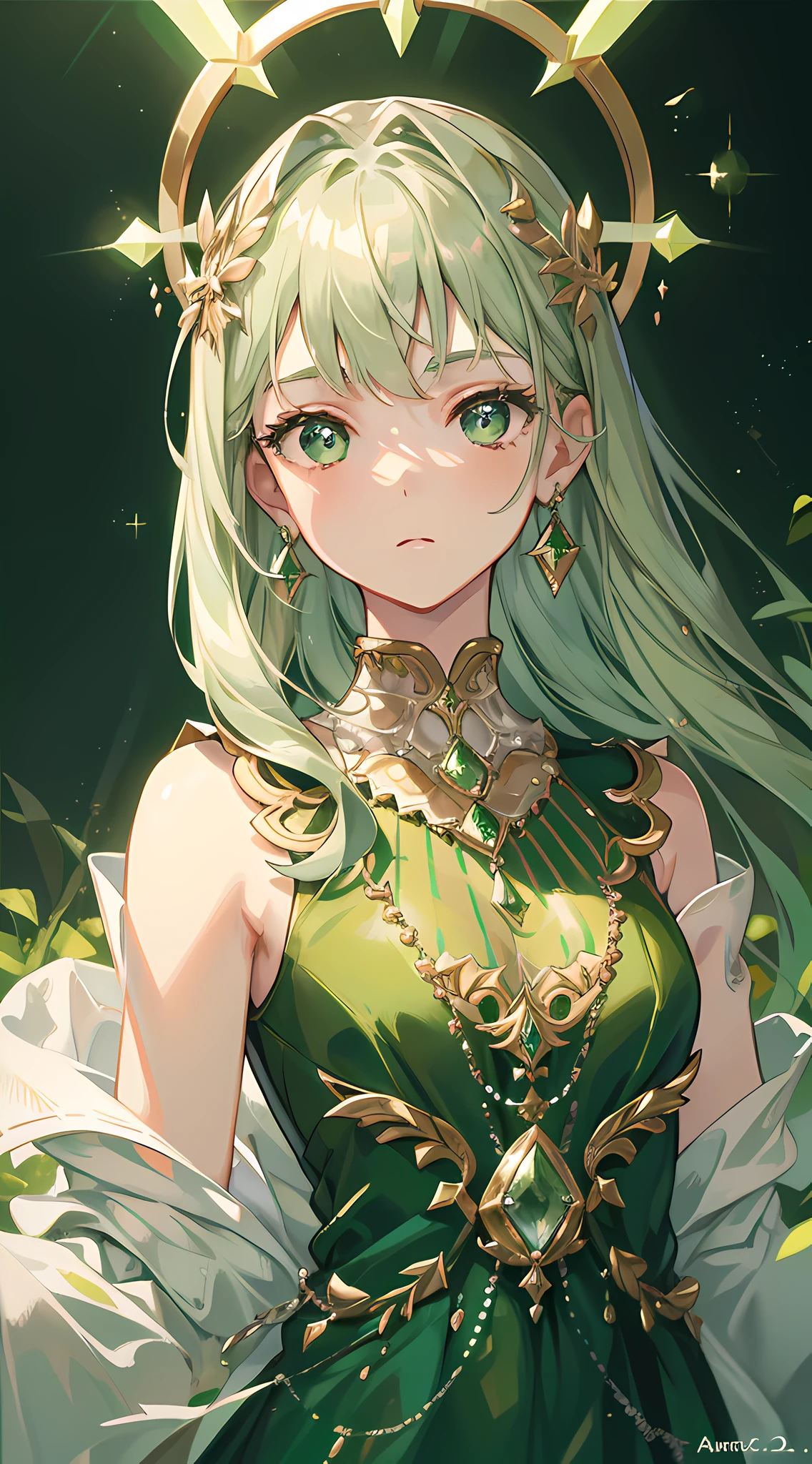 Masterpiece, Superb Painting, Cangling Green, Platinum Earrings, Platinum Necklace, Green Dress, 1girl, Cute, (Dynamic Light: 1.2), Cinematic Light, Delicate Facial Features, Detailed Eyes, Sharp Pupils, Realistic Pupils, Depth of Field, Background Bokeh, Clear Focus, (Ultra Detail, Halo, Glow: 1.4), Many Small Gemstones with Many