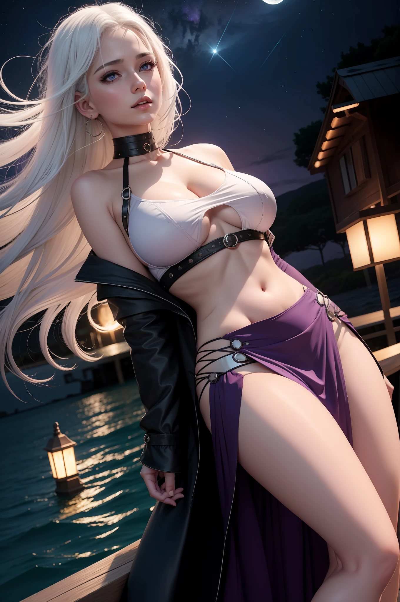 realistic, 1girl, white hair, purple eyes, glowing eyes, crop top, (underboobs:1.2), skirt, parted lips, big breasts, head back, blush, night, sun, sunlight, sea village, sea at night, night sky, port