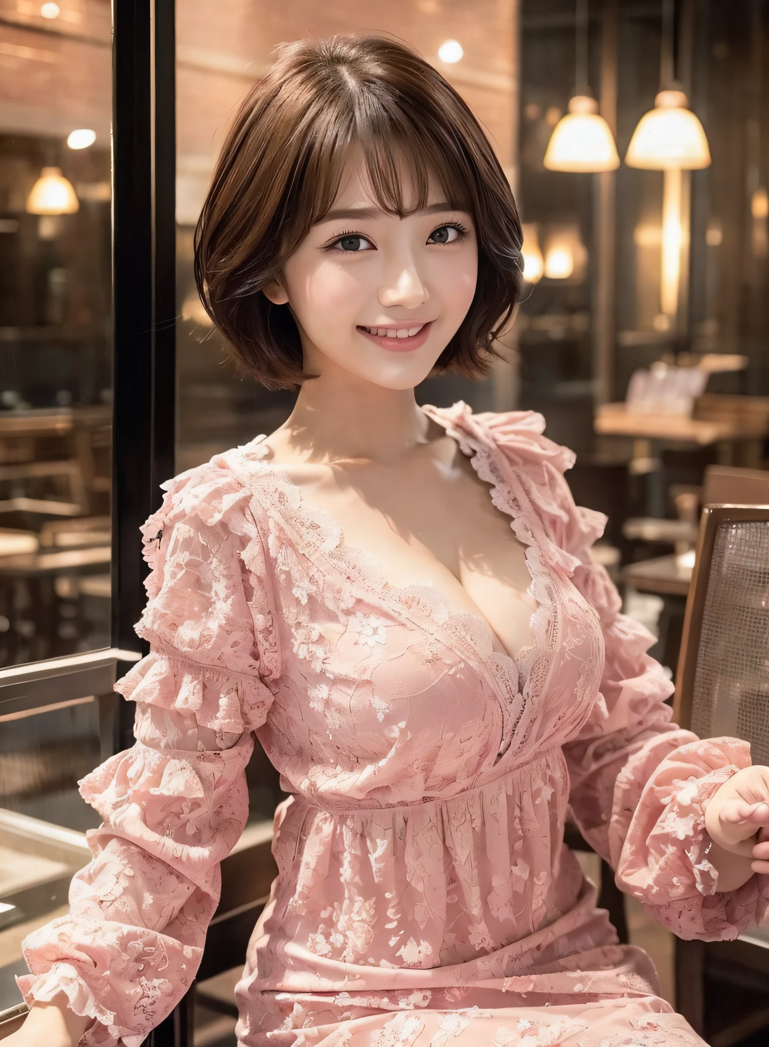 (8k, top quality, masterpiece: 1.2), (realistic, photorealistic: 1.37), super detailed, Japan person, 1 girl, cute, nice, adorable, beautiful detailed sky, detailed café, night, sitting, date, (blush), (smile: 1.15), (closed) big, big breasts, beautiful fine eyes, business wear, white lace, (short hair: 1.2), floating hair NovaFrogStyle,