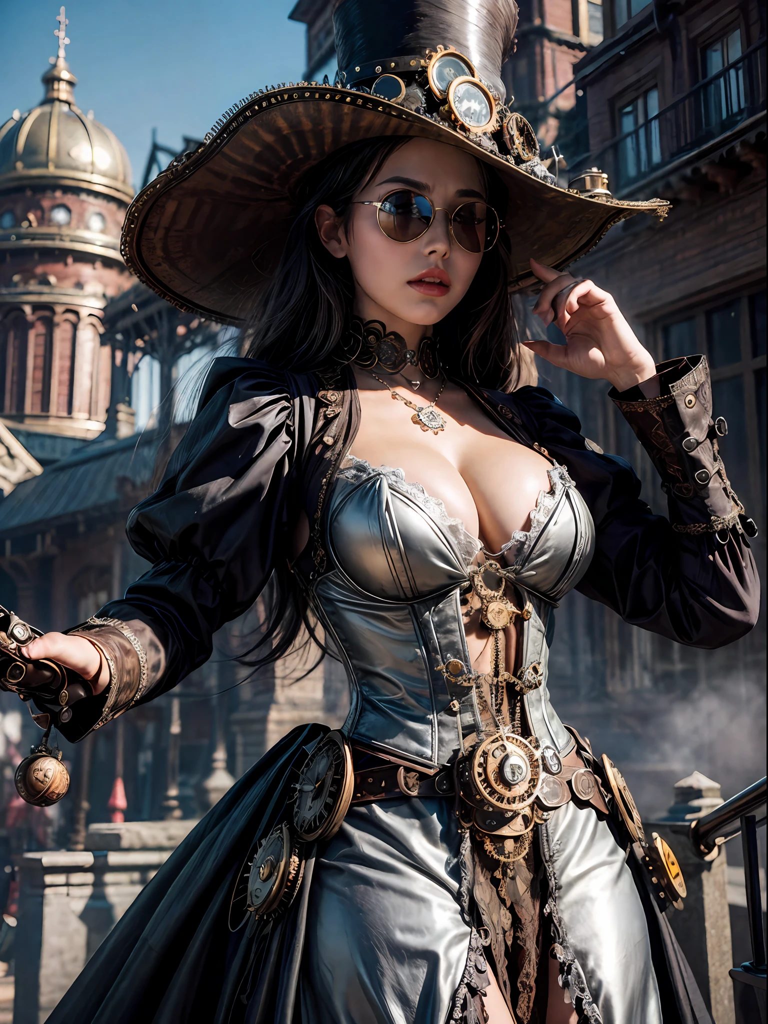 (steampunk),close up, 1girl, lady in the hat and round steel gear, sunglasses, victorian dress, deep_cleavage, shiny skin, ((steampunk)), cinematography, crafted, elegant, meticulous, magnificent, maximum details, extremely hyper aesthetic, intricately detailed, Hippie Glasses Retro Round Metal