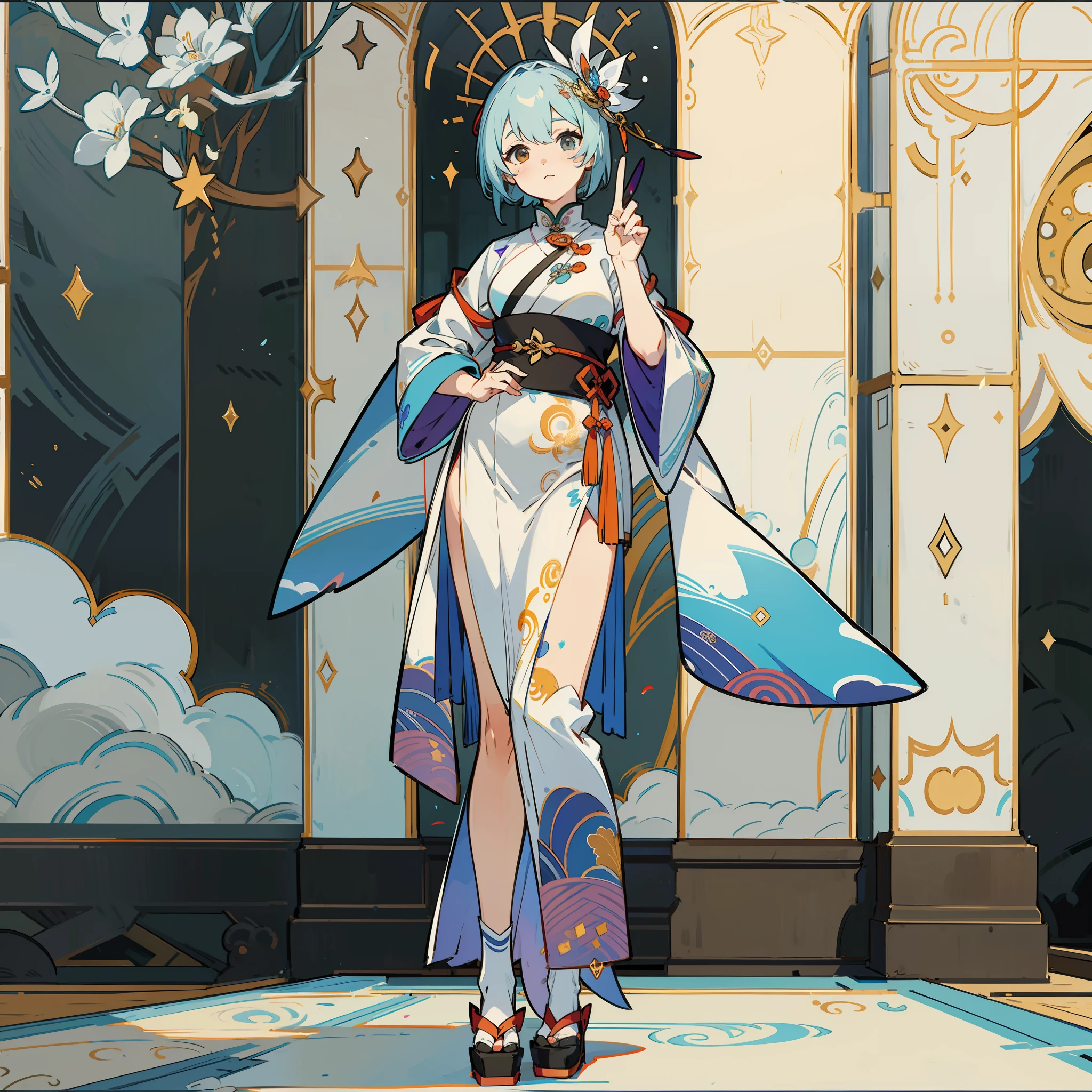 masterpiece, Female, 白发,蓝色衣服, clothing design, full body shot, standing, facing the camera, standing upright