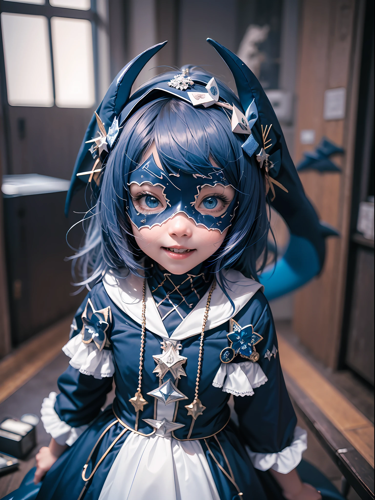 Dynamic scene, 5-year-old girl , hands forward in front of her, scares everyone u-u-u-u-r-r-r-r-r, dressed in a masquerade plush darkblue shark costume, disney style, Smile, Soft colors, 50 mm, Super photorealistic, Dark blurred background Midjourney --auto --s2
