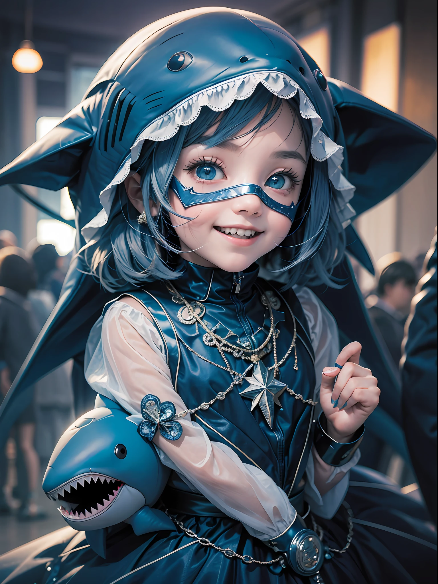 Dynamic scene, 5-year-old girl , hands forward in front of her, scares everyone u-u-u-u-r-r-r-r-r, dressed in a masquerade plush darkblue shark costume, disney style, Smile, Soft colors, 50 mm, Super photorealistic, Dark blurred background Midjourney --auto --s2