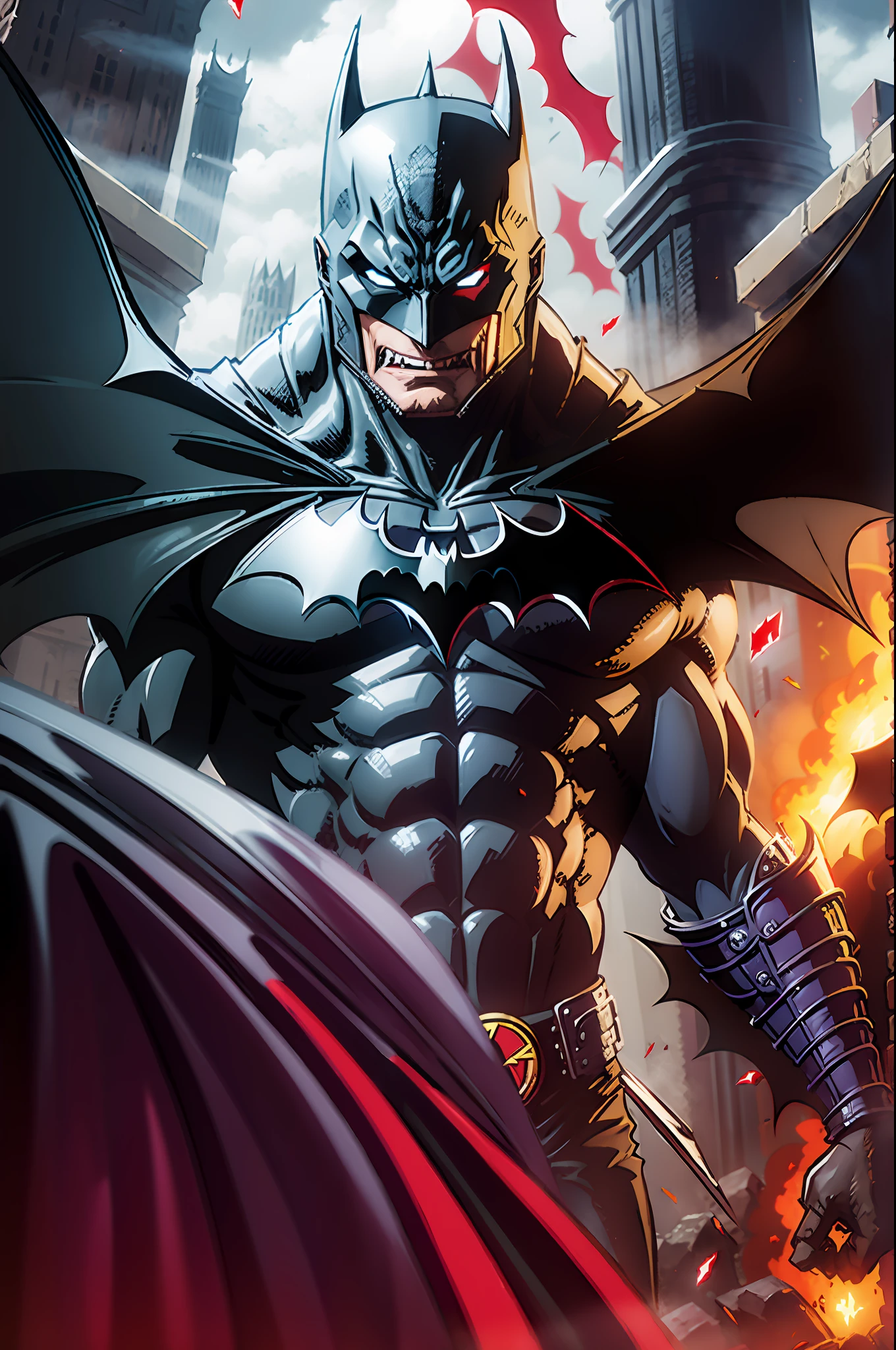 Dan More-style Batman vs. Dracula the Dark Lord lots of blood and battles in Gotham City, 64k, --ar 2:3