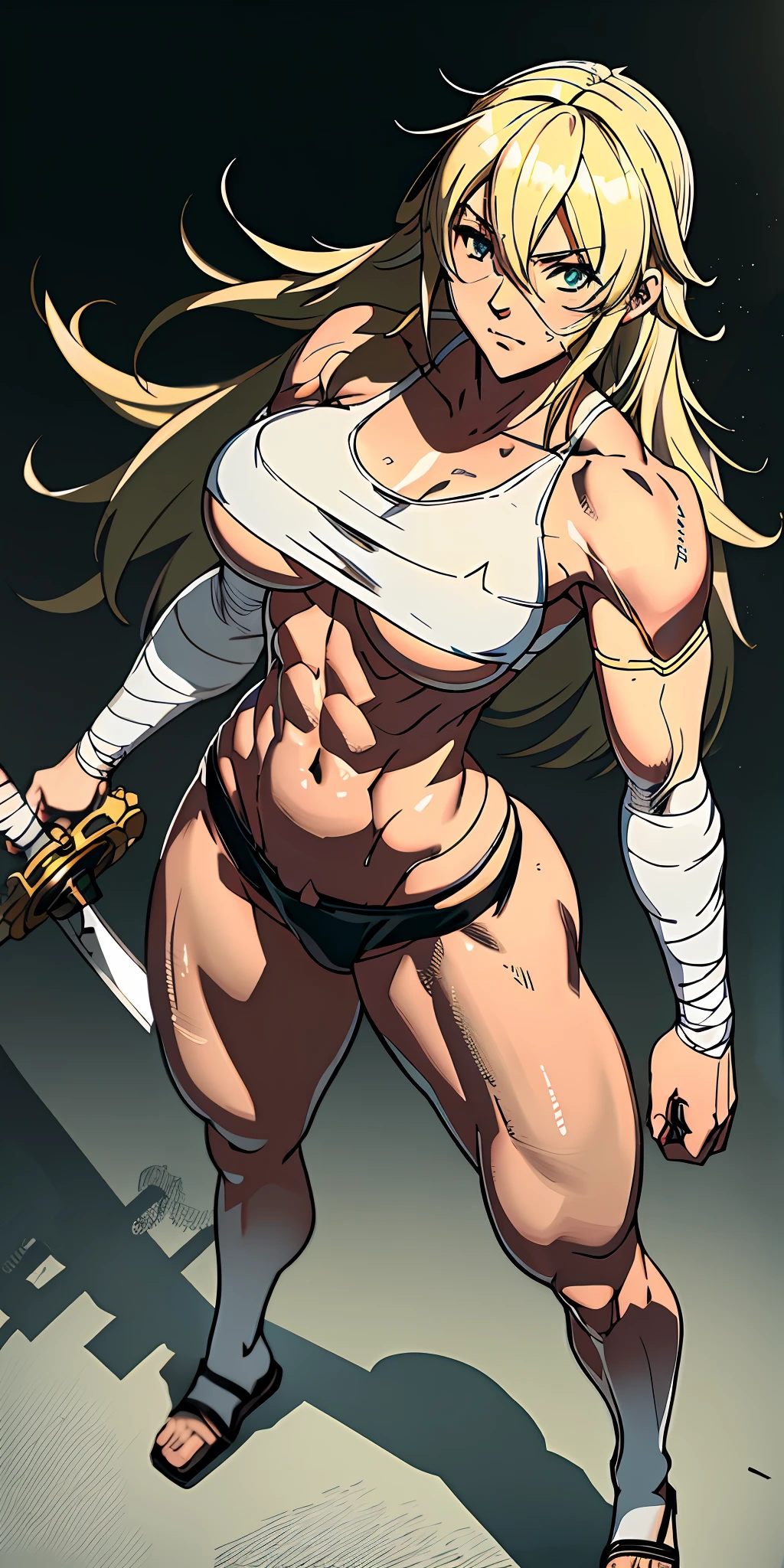 anime waifu bodybuilder, cute face, debatalho face, extremely detailed eyes, knight character, green eyes, perfect body, fit body, looking at the sword, character holding a sword with both hands, abdomen, large breasts, muscular, (((hair) long and blonde), sarashi white chest, sarashi, underboob, breasts bandages, arm bandages (insanely detailed, beautiful detailed face, masterpiece, best quality),  (looking disgusted), konosuba, character A2, (white and torn bandages on the arms and legs), image taken from above, camera away, image focusing on the sword, high quality, white light clothes, sweat splattering, character on guard with sword, knight pose, sword with sharp blade with brightness
