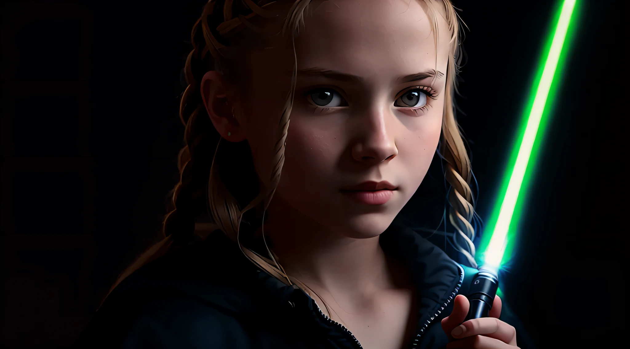 RUSSIAN CHILD GIRL WITH 10 YEARS, RED BACKGROUND, WITH LONG STRAIGHT BLONDE HAIR WITH BRAIDS, PORTRAIT STYLE, A closeup, holding two illuminated swords, lightsaber, holding a blue lightsaber, holding an activated lightsaber, with lightsaber sword, jedi with lightsaber, holding laser swords, holding lightsaber 4 k, - Blue lightsaber, Jedi knight, with lightsaber, Star Wars character, holding a lightsaber