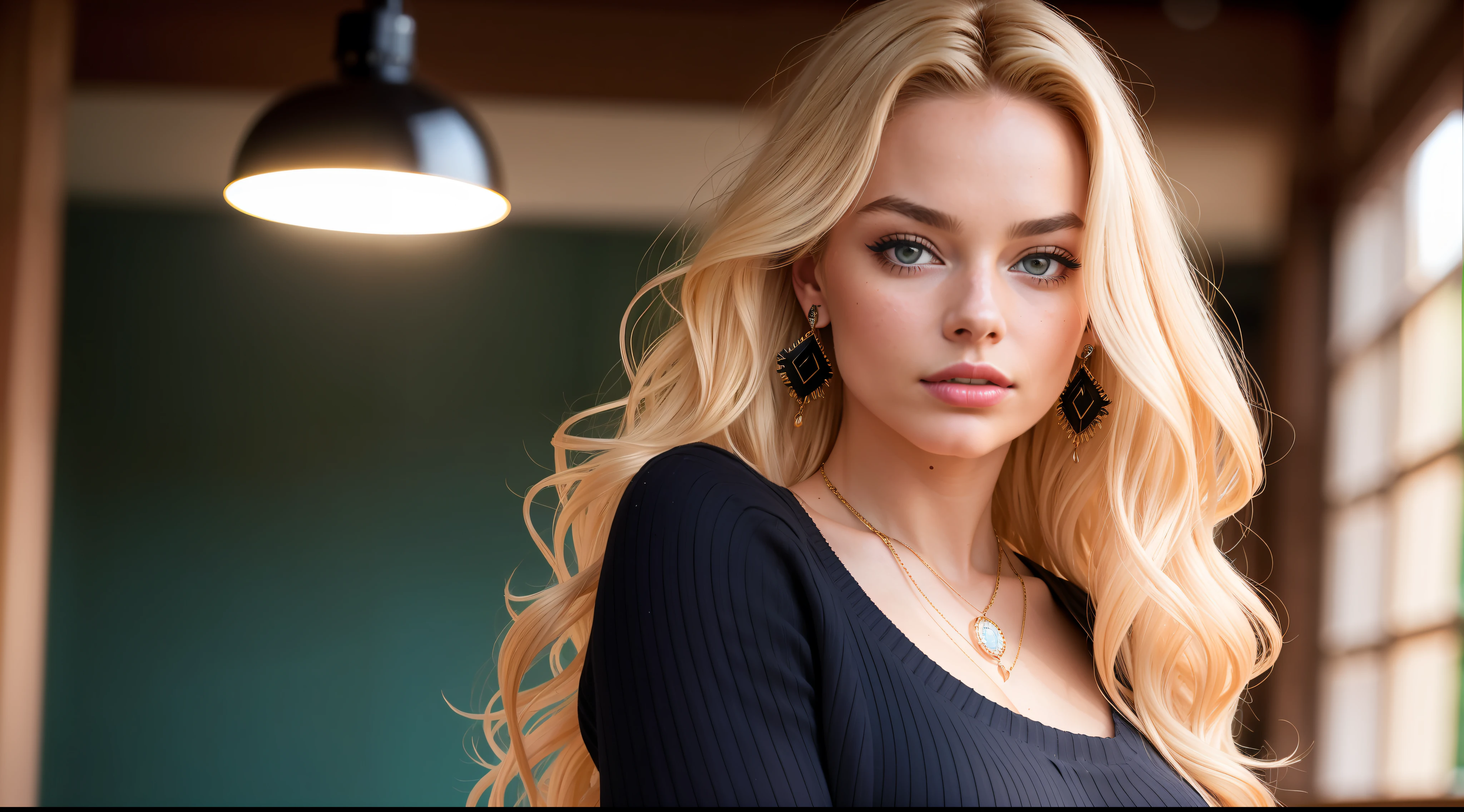 Margot Robbie with 23 years(, incredibly absurd long blonde hair, ultra-detailed, CG, unit, wallpaper 8k), (masterpiece), (realistic), (photorealistic: 1.2), (raw photo: 1.2), (best quality: 1.2), (detailed face: 1.4), (beautiful detailed eyes: 1.2), (detailed hair), light on face, huge file size, cinematic lighting, 1 girl, alone, sexy, nsfw, eyeliner, kawaii, student, long hair, blonde hair,  ((wavy hair)), hair ornament, ((light blush)), ((soft under the eyes)), ((expressionless eyes)), blue eyes, ((large breasts)), fashi-g, red lips, makeup, shirtlift, ((black sweater dress)), black knees, high heels, jewelry, earrings, necklace, looking at the viewer, depth of field,