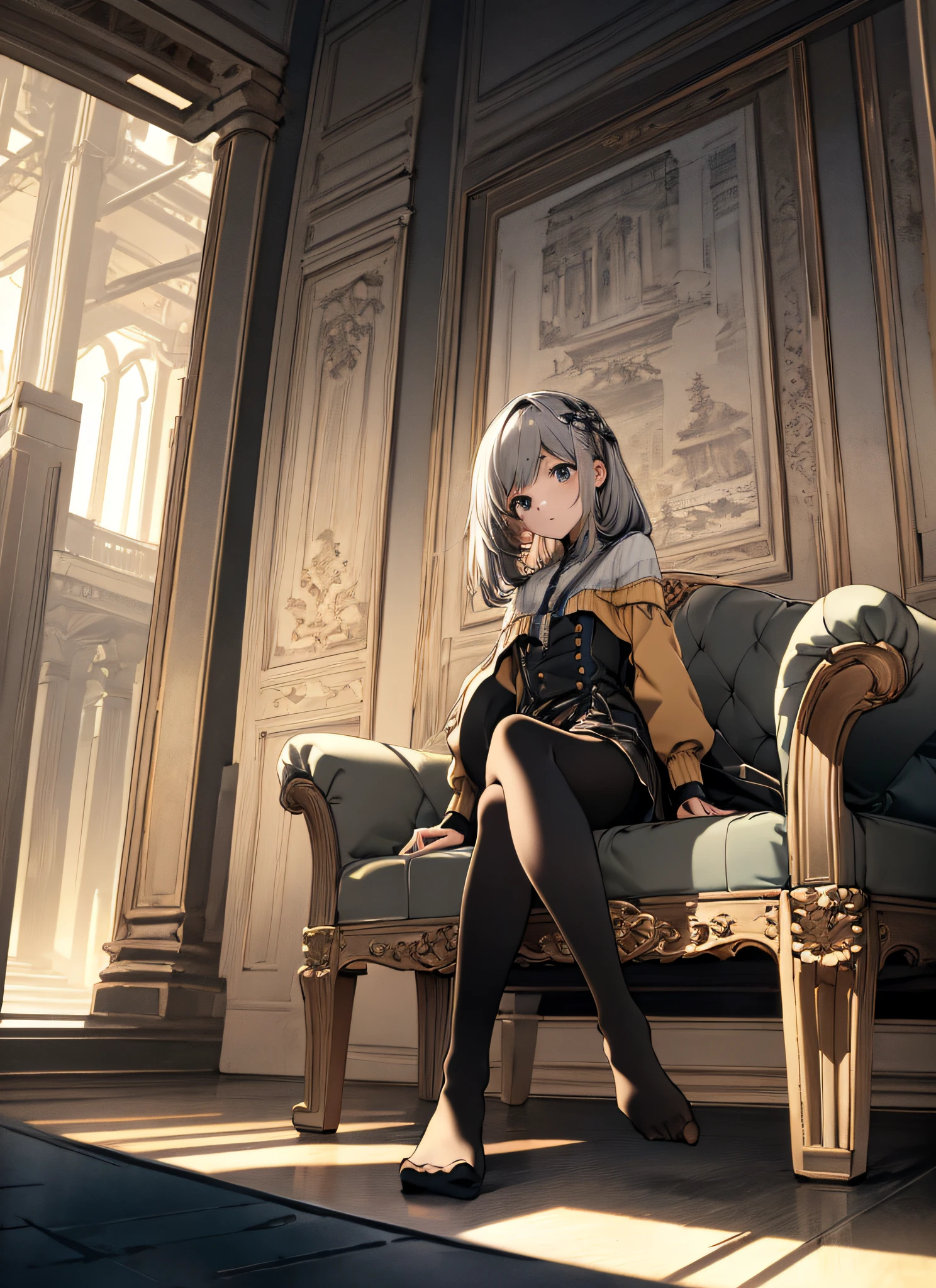 {{masterpiece}},illustration,best quality,extremely detailed CG unity 8k wallpaper,1girl_solo, full_body, from_below, looking_at_viewer, looking_down, sitting,arms behind back,(crossed_legs: 1.5), (black pantyhose: 1.3), (no shoes:1.3),sofa,