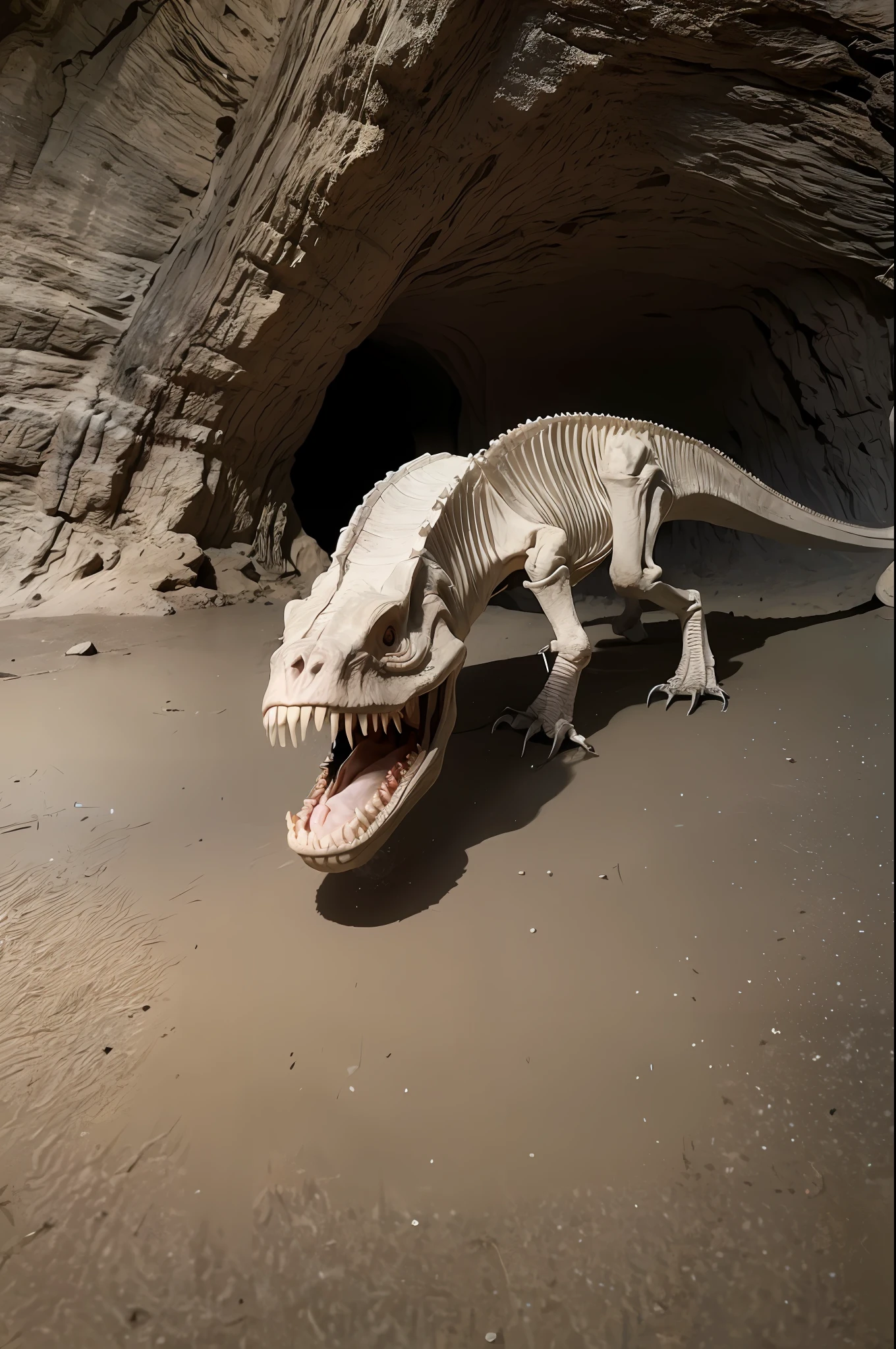 Tyrannosaurus Rex skeleton, inside a cave, in attack position, best quality, ((8k:1.27), best quality, masterpiece, ultra highres:1.2)