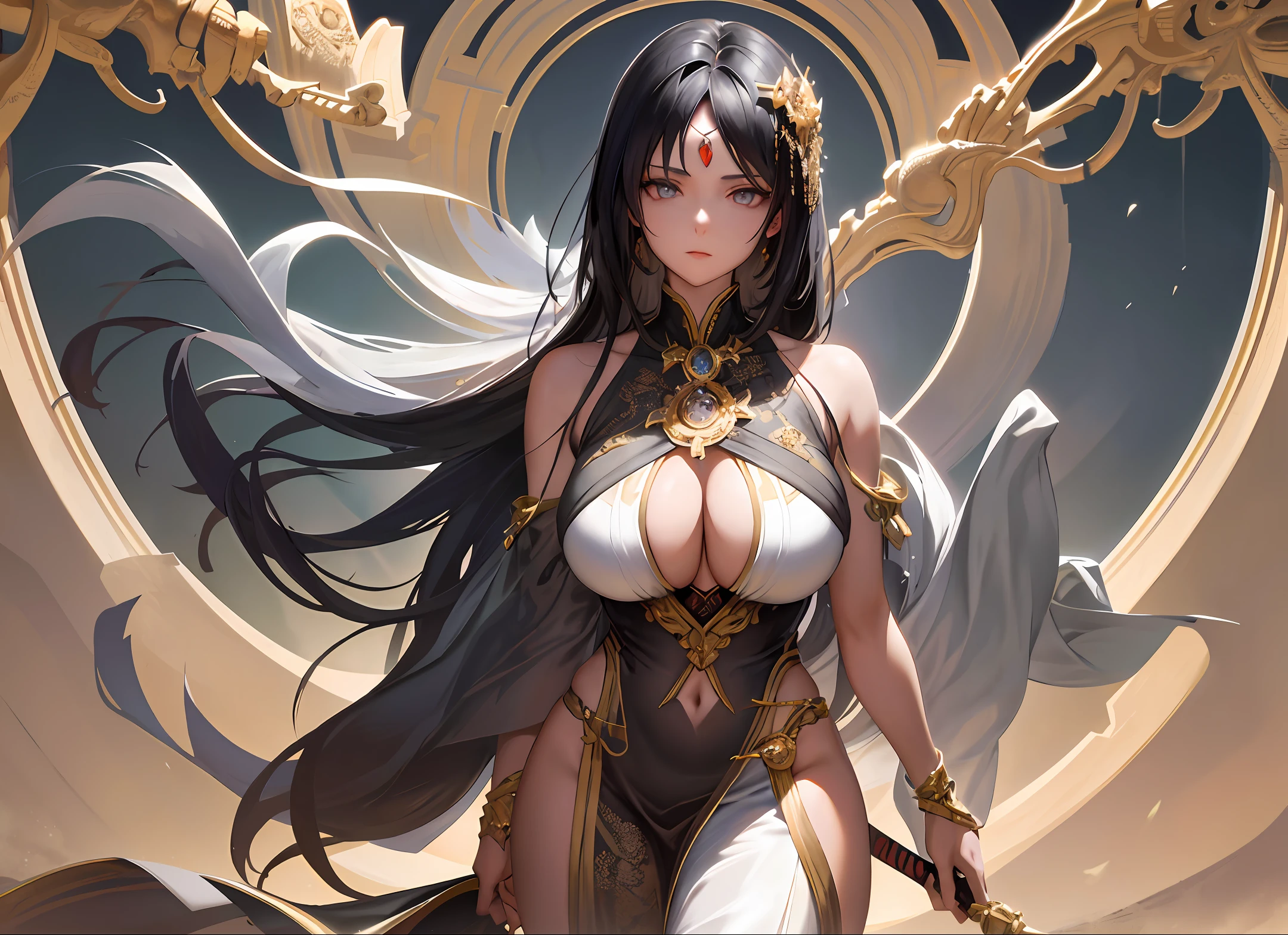 Woman
White skin
Black hair
White dress
Anime
Crooked pointed horns
Sharingan eyes
- "Black Hair, Long and Shiny, Falls Down to the Waist"
- "Destra"
- "Sculptural Body, Bulging Breasts"
- "Pure white dress, silk gloves, golden spider web necklace covering shoulders and bust"
- "Influence of Overlord's character Albedo"
