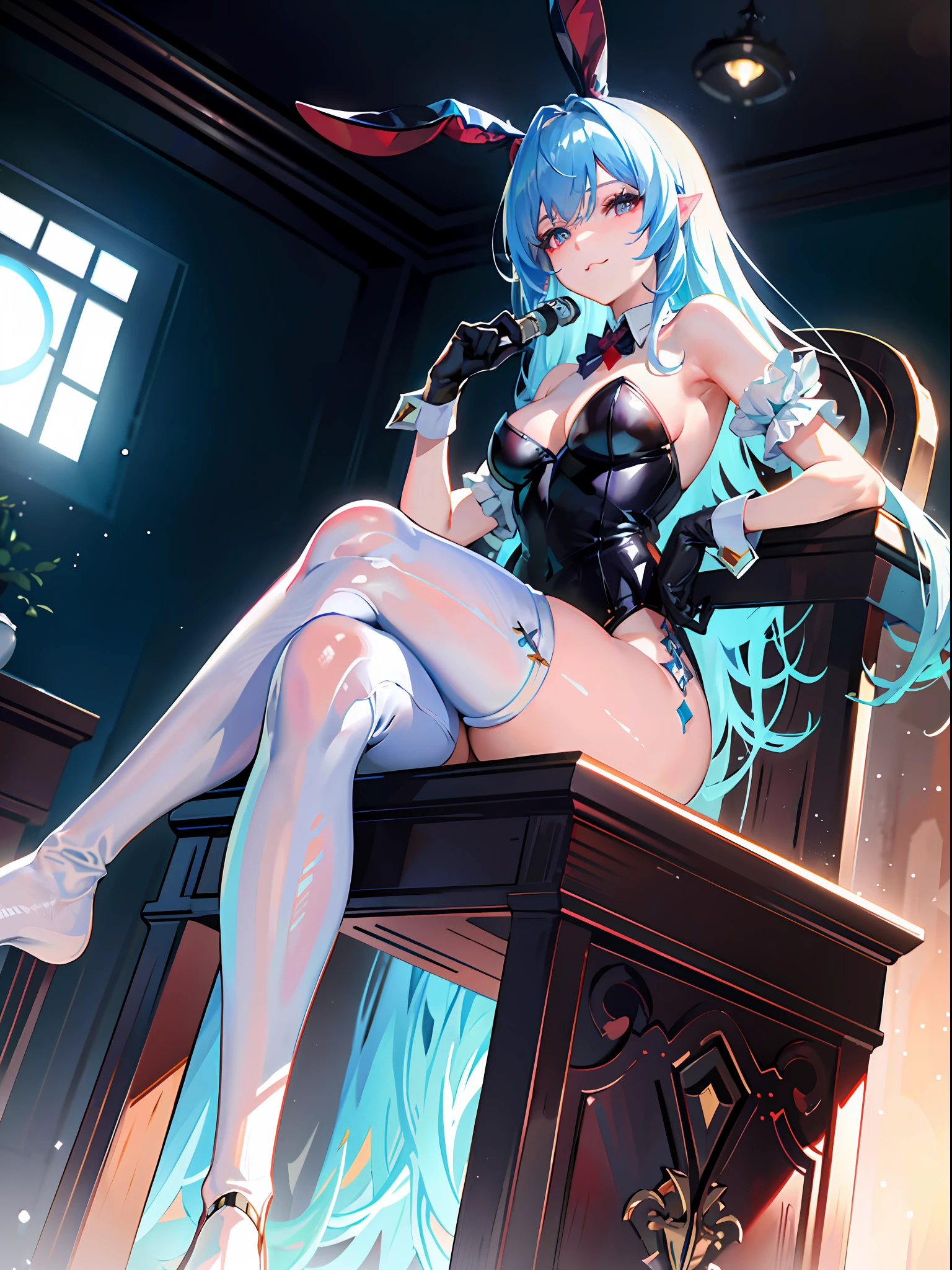 {{Masterpiece}}, Best Quality, Ultra Detail CG Unity 8k wallpaper, movie lighting, lens flares, beautiful detail eyes, blue hair, red eyes, rabbit ears, white bunny girl, bare shoudlers, black gloves, legs crossed, sitting in gorgeous chair, bossy face, angle from below