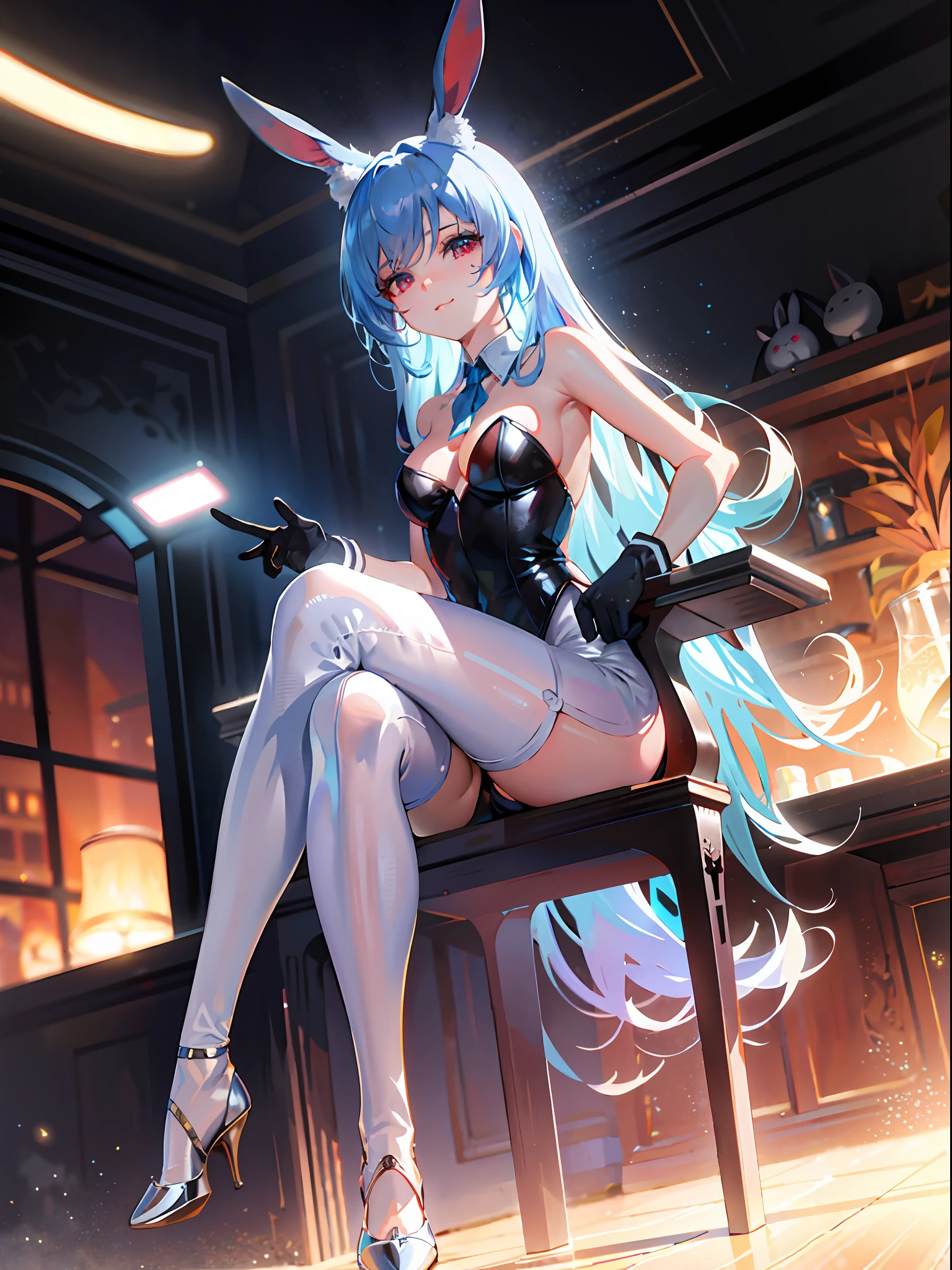 {{Masterpiece}}, Best Quality, Ultra Detail CG Unity 8k wallpaper, movie lighting, lens flares, beautiful detail eyes, blue hair, red eyes, rabbit ears, white bunny girl, bare shoudlers, black gloves, legs crossed, sitting in gorgeous chair, bossy face, angle from below