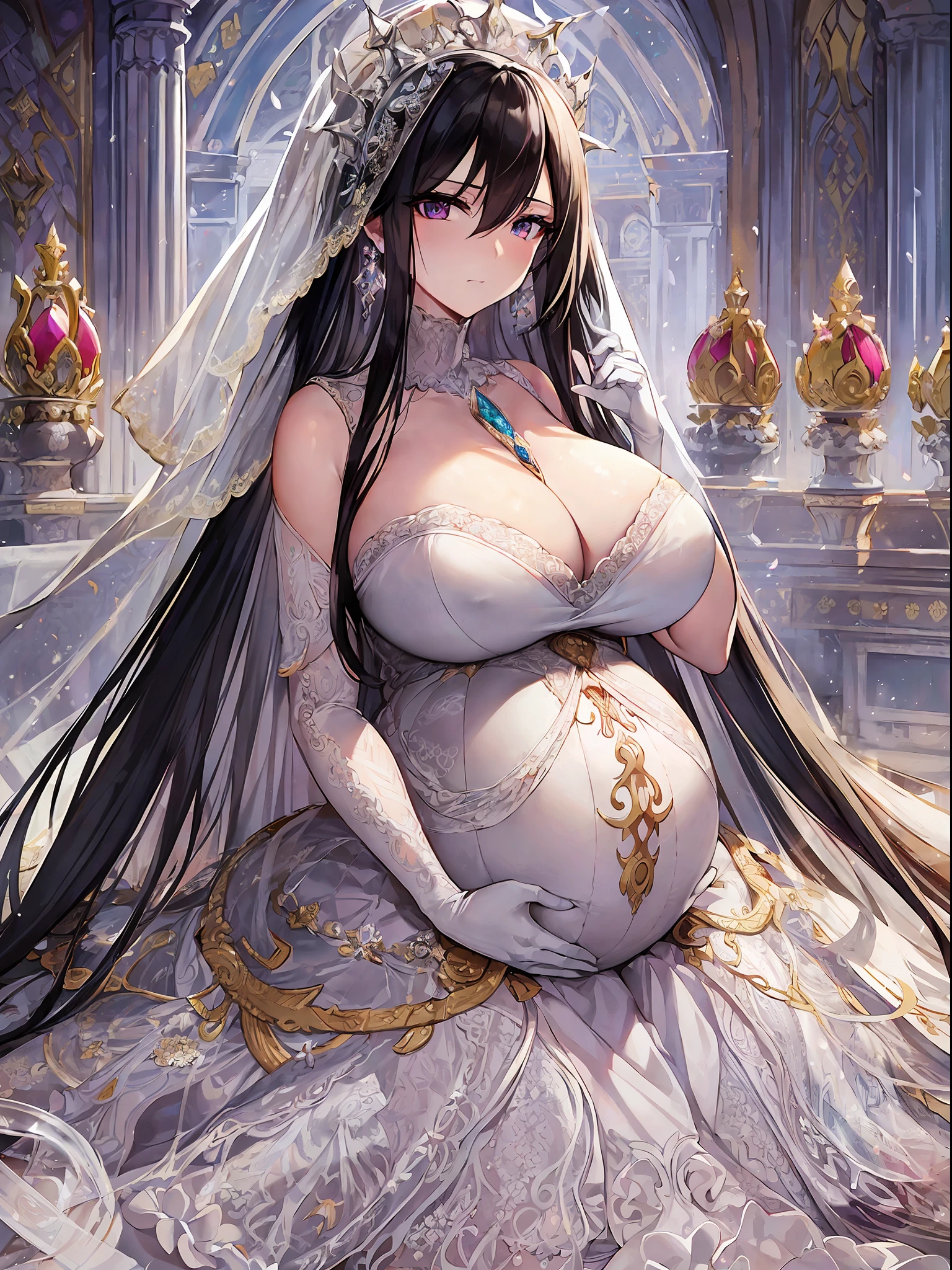 ((anime artstyle)),(Masterpiece), (Best Quality), (Super Detail), Illustration, (((Very Delicate and Beautiful))),Dynamic Angle,Looking at viewer,((((Solo)))),(((Full body))),(((1 arrogant pregnant empress in See-through white wedding dress having a wedding ceremony in a royal palace))),((((heavily pregnant)))),last month of pregnancy,(standing),(((embarrassed))),anguish,Purple eyes,(Sharp eyes),Detailed Face, Long Eyelashes,Jet Black Hair,Straight Hair,((Very Long Hair)),Bangs between eyes, ((((gigantic breasts)))),cleavage,((skindentation)),curvy,See-through,(((fusion of See-through white wedding dress and white rococo ball gown))),(fluffy See-through white wedding dress with gorgeous embroidery),(((hoop skirt))),long skirt,corset,crinoline,long bridal veil,opera gloves,Beautifully Gorgeous jeweled big tiara,Beautifully Gorgeous gem earrings,Beautifully Gorgeous jeweled necklace,Beautifully Gorgeous jeweled ornaments,indoor,white lily flowers, flower petals flowing,Stained glass,light particles,