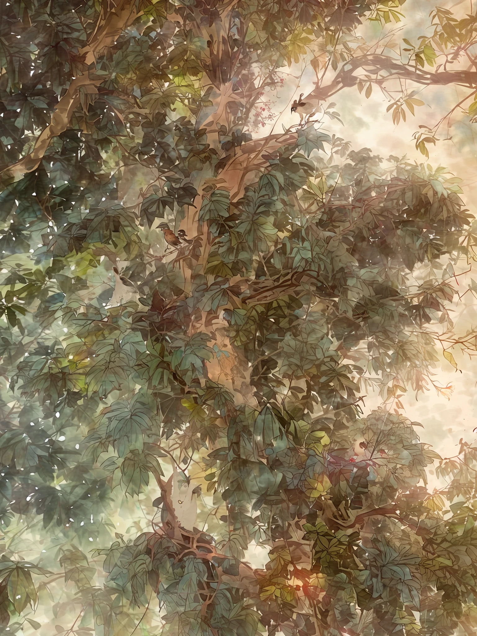 there is a bird that is sitting in a tree, kuntilanak on bayan tree, tawa trees, many thick dark knotted branches, kuntilanak on tree, branches and foliage, leaping from babaob tree, lots of foliage, overhanging branches, huge ficus macrophylla, large tree, a beautiful tree, tree and plants