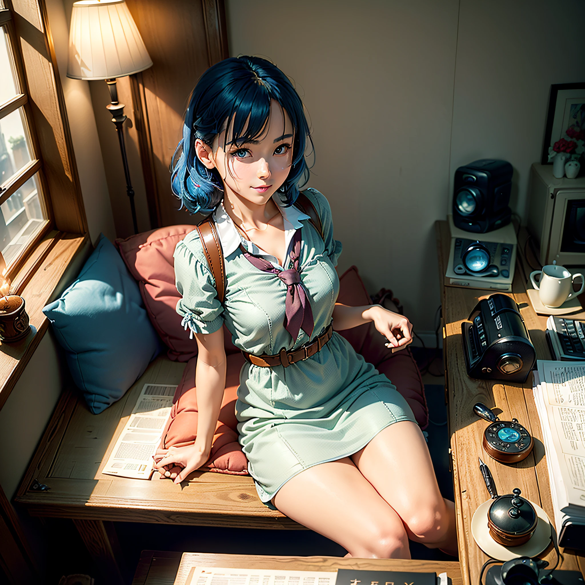 (Masterpiece, highest quality, highest resolution, distinct_image, very elaborate CG, cinematic lighting, ray tracing, drop shadows, detailed detail, (photorealistic: 1.4), high quality textures, fine-grained, realistic face expression): (Girl alone, face is Japan, blue hair, small size breasts, sparkling blue eyes, Eye level shot, happy smile, beauty, slim body, holiday, own room, game console, computer, display, keyboard, mouse, white dress, handgun holder, leather bag, long boots, antique radio, coffee, model train, bookcase, wooden chair, pot, fan, painting, stuffed animal, tie, notebook, stationery, vase, photo frame, letter, fountain pen, calendar, lamp, cushion, basket, mirror, candle, newspaper, sweets, outside the window you can see the park, telephone, fruit, telescope, retro TV)