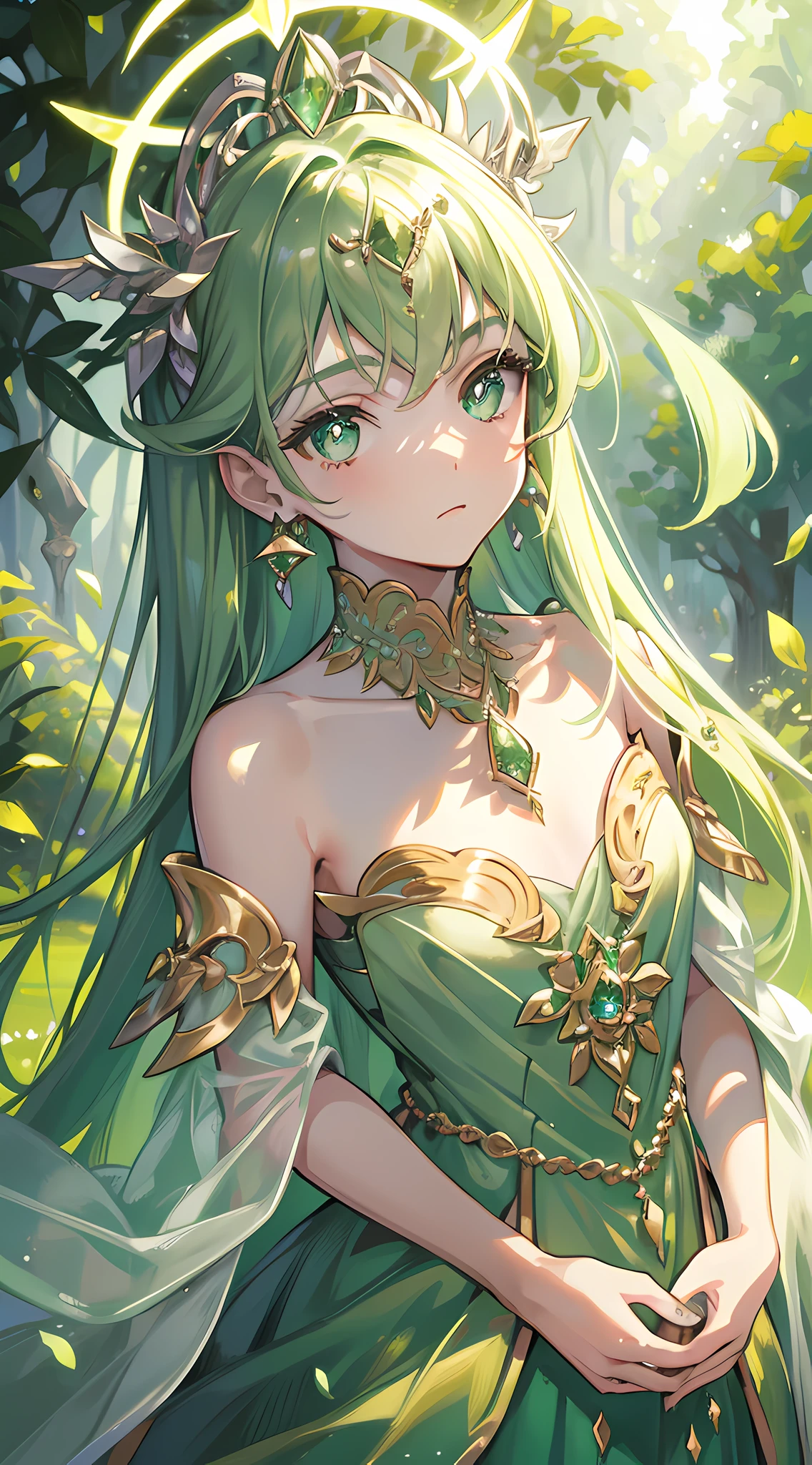 Masterpiece, Superb Painting, Cangling Green, Platinum Earrings, Platinum Necklace, Green Dress, 1girl, Cute, (Dynamic Light: 1.2), Cinematic Light, Delicate Facial Features, Detailed Eyes, Sharp Pupils, Realistic Pupils, Depth of Field, Background Bokeh, Clear Focus, (Ultra Detail, Halo, Glow: 1.4), Many Small Gemstones with Many