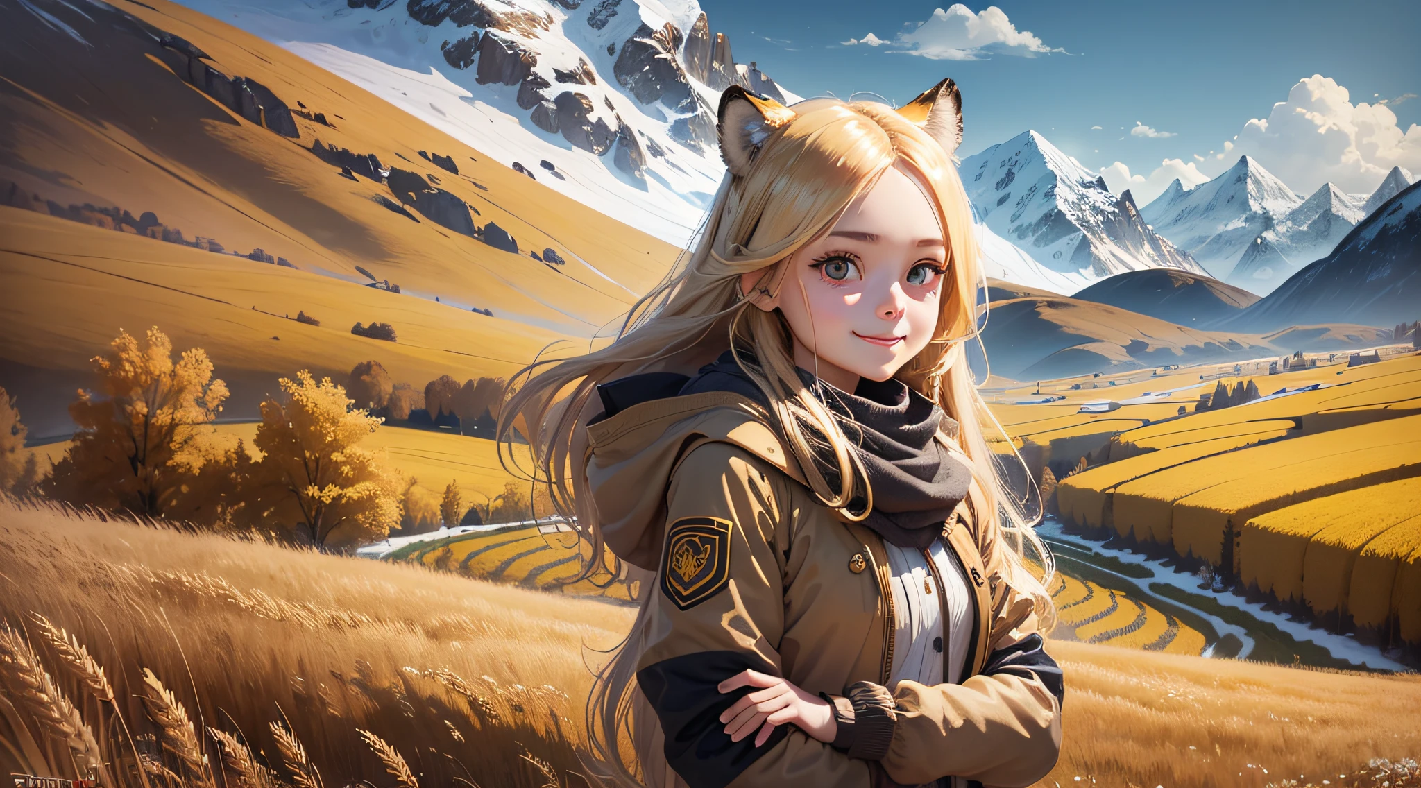 A girl with long blonde hair, big eyes, small mouth, smiling, two dimples, two tiger teeth, in the background in a golden wheat field, clear blue sky, snow on the top of the mountain in the distance, wind turbine