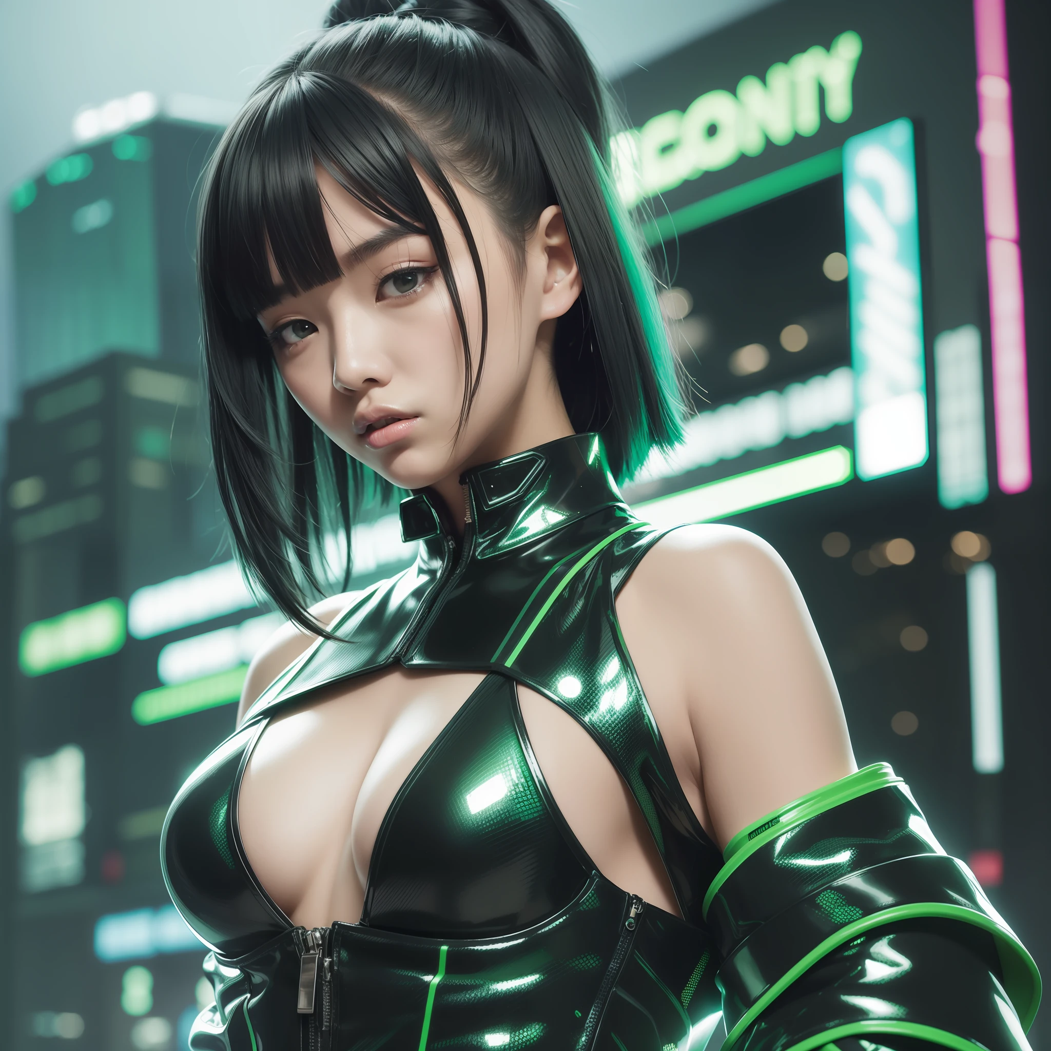 Young Asian woman in shiny futuristic clothes as cyberpunk character in neonninja style, futuristic city. Green neon color, young gravure idol, green and black hair, sensual gravure, sexiness and coolness, provocative look, night, glittering neon, futuristic, concept art, blade runner worldview, painting, illuminated, close-up, detail, sparkling.