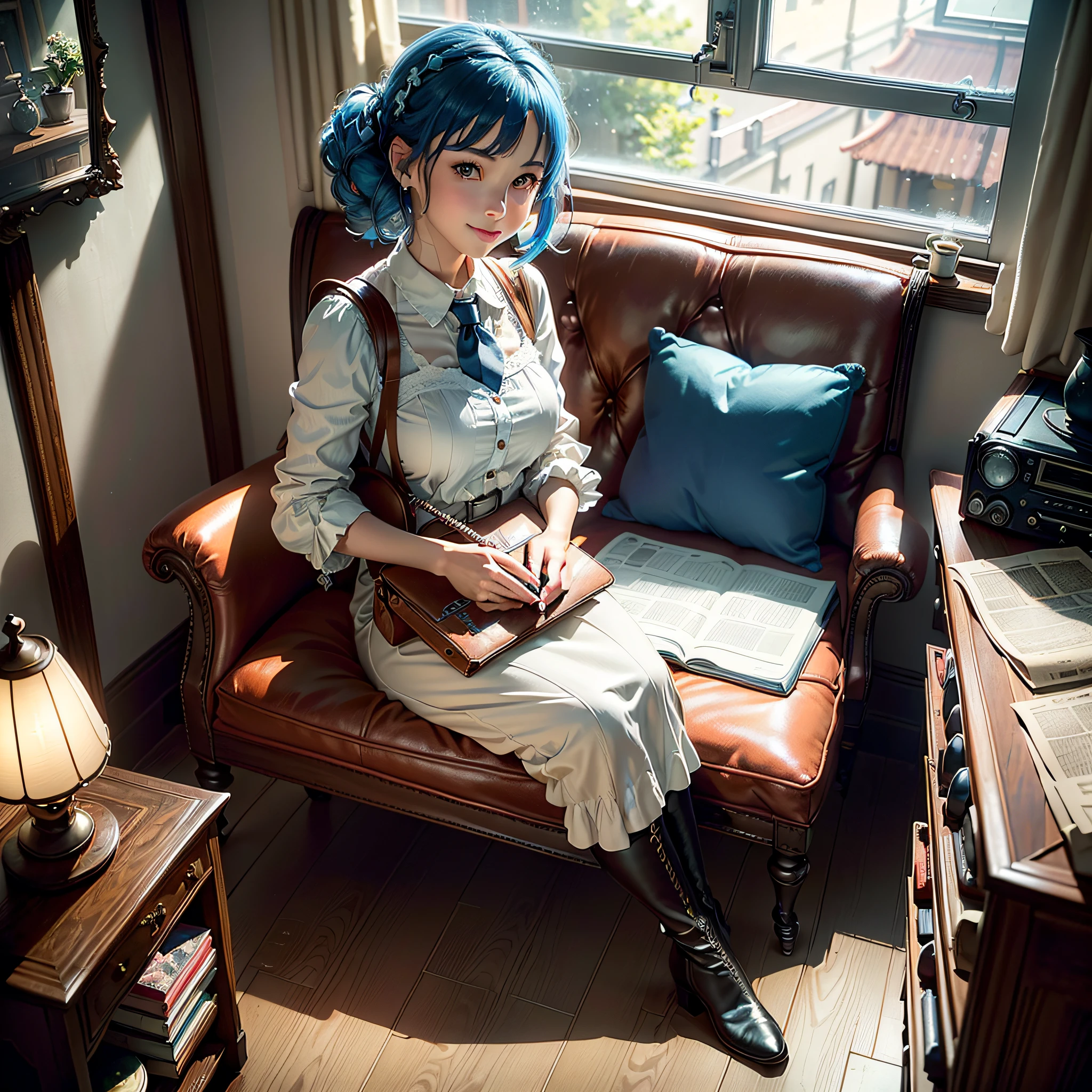 (Masterpiece, highest quality, highest resolution, distinct_image, very elaborate CG, cinematic lighting, ray tracing, drop shadows, detailed detail, (photorealistic: 1.4), high quality textures, fine-grained, realistic face expression): (Girl alone, face is Japan, blue hair, small size ???????, sparkling blue eyes, Eye level shot, happy smile, beauty, slim body, holiday, own room, game console, computer, display, keyboard, mouse, white dress, handgun holder, leather bag, long boots, antique radio, coffee, model train, bookcase, wooden chair, pot, fan, painting, stuffed animal, tie, notebook, stationery, vase, photo frame, letter, fountain pen, calendar, lamp, cushion, basket, mirror, candle, newspaper, sweets, outside the window you can see the park, telephone, fruit, telescope, retro TV)